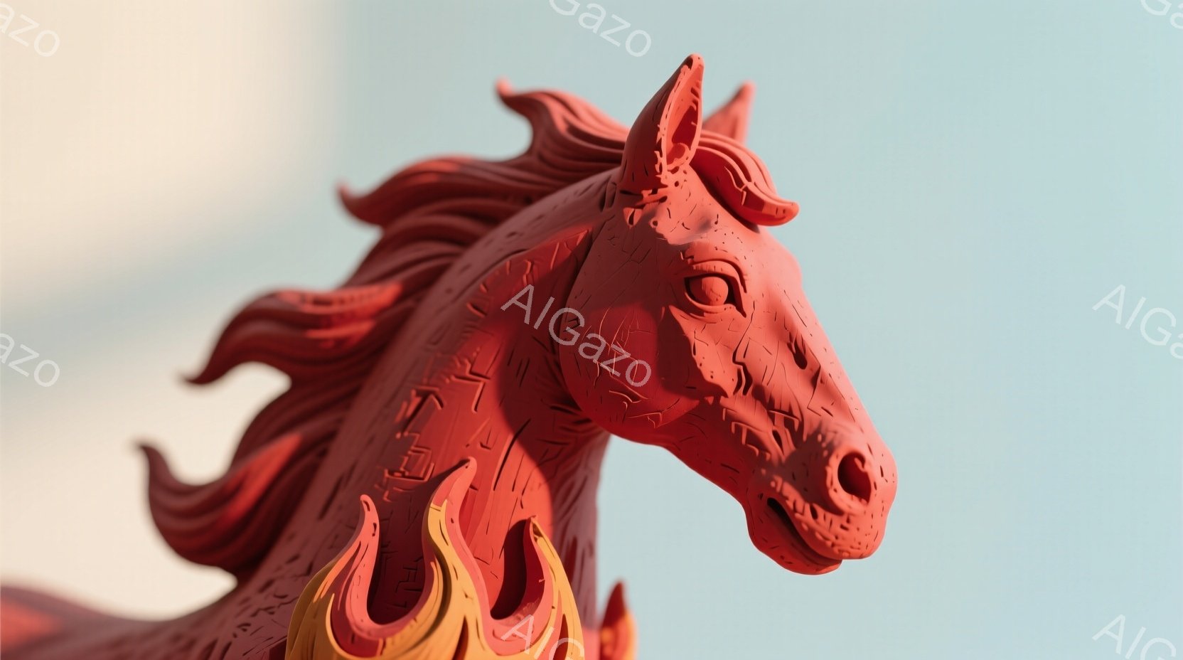 鮮やかな赤色の彫刻馬が、まるで炎のように力強く表現されています。馬のたてがみと尾は、炎の形を模しており、躍動感と情熱的な雰囲気を醸し出しています。背景は淡い空色で、彫刻馬の赤色が際立ち、見る者に強い印象を与えます。