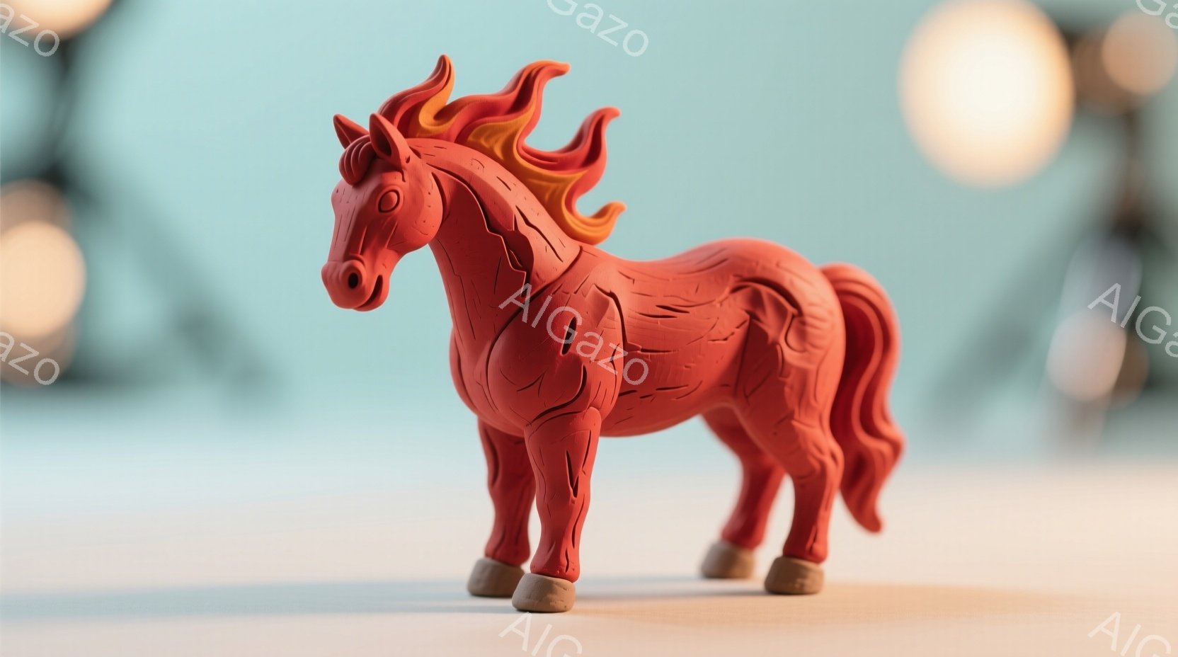 鮮やかな赤色の馬の置物が、白っぽい背景に配置されている。馬の体には彫刻のような線が刻まれ、鬣は炎のように躍動感のある形状をしている。背景にはぼやけた光の球が見られ、全体的に柔らかく、芸術的な雰囲気を醸し出している。