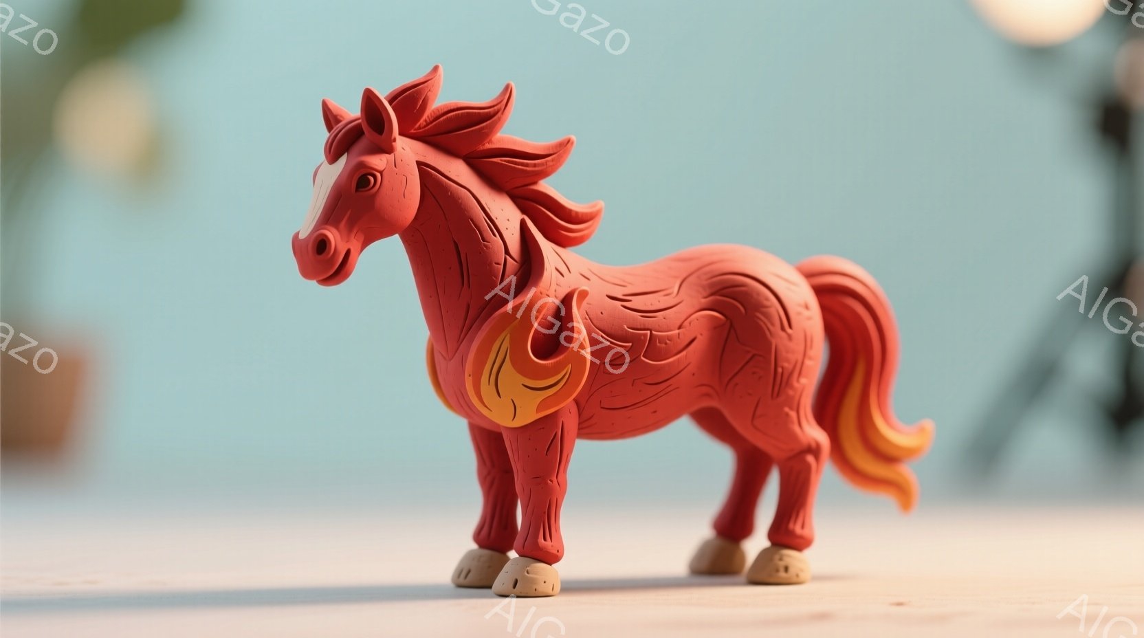 明るいオレンジ色と赤色の彫刻のような馬が、白い表面の上に立っている。馬のたてがみと尾は渦巻いており、肩には炎のような模様が刻まれている。背景はぼやけており、植物と柔らかな光が見え、全体的に暖かく穏やかな雰囲気を醸し出している。