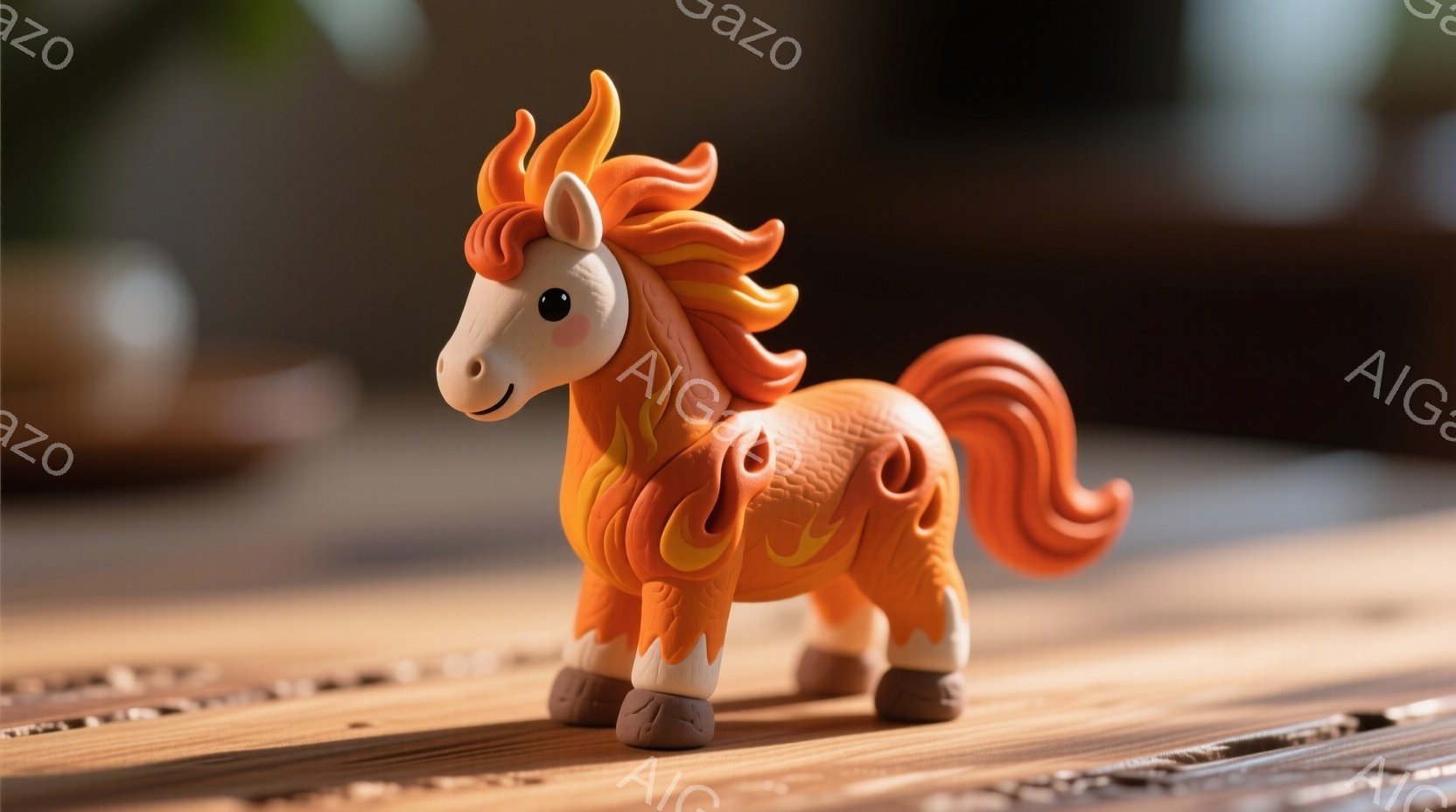 鮮やかなオレンジ色の、まるで粘土で作られたようなユニコーンが、木製のテーブルの上に立っています。たてがみと尾は炎のように表現され、丸い目に少し赤みが差し、愛らしい表情をしています。背景はぼやけていますが、植物や柔らかな光が見え、温かく穏やかな雰囲気を醸し出しています。
