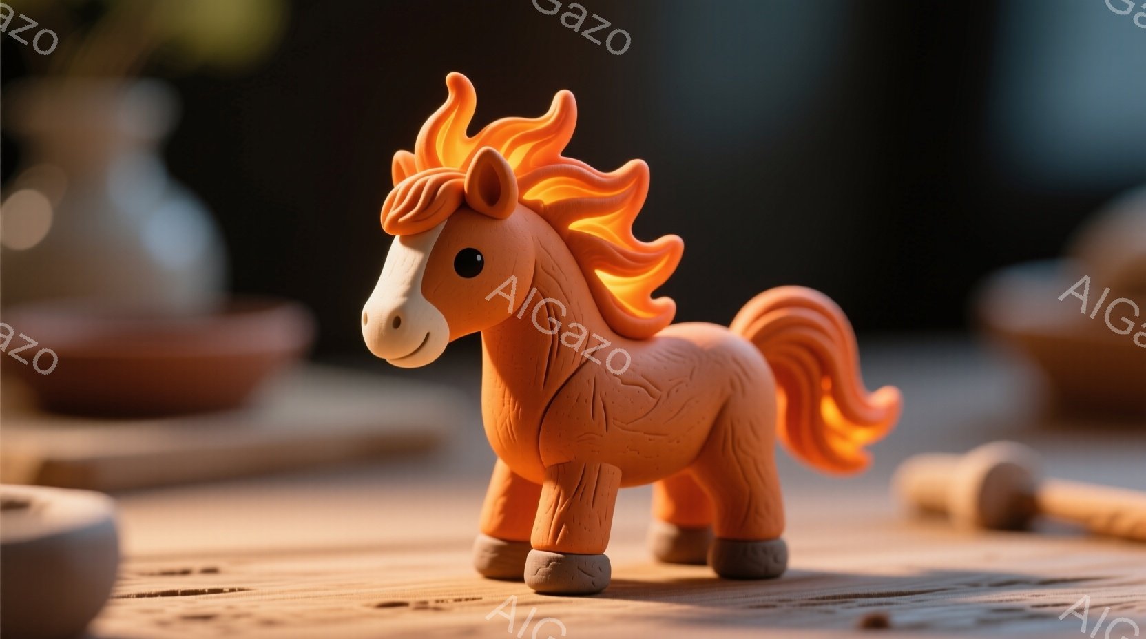 鮮やかなオレンジ色の粘土で作られた馬の置物が、木製のテーブルの上に置かれています。馬は口を少し開け、穏やかな表情を浮かべており、たてがみが特徴的です。背景には、ぼやけた陶器や木片が見え、暖かく落ち着い - AI生成フリー素材