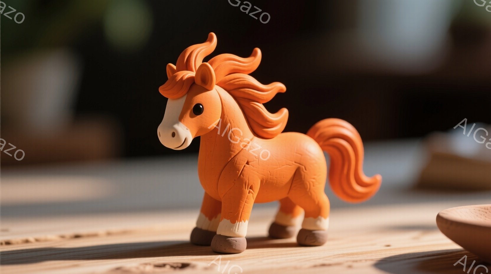 鮮やかなオレンジ色の粘土で作られた馬の置物が写っています。馬は前足を少し前に出し、少し誇らしげな姿勢で立っており、表情は穏やかで可愛らしいです。背景は木製のテーブルで、ぼやけた背景には他の粘土製品が見え、温かく、手作りの雰囲気が漂っています。