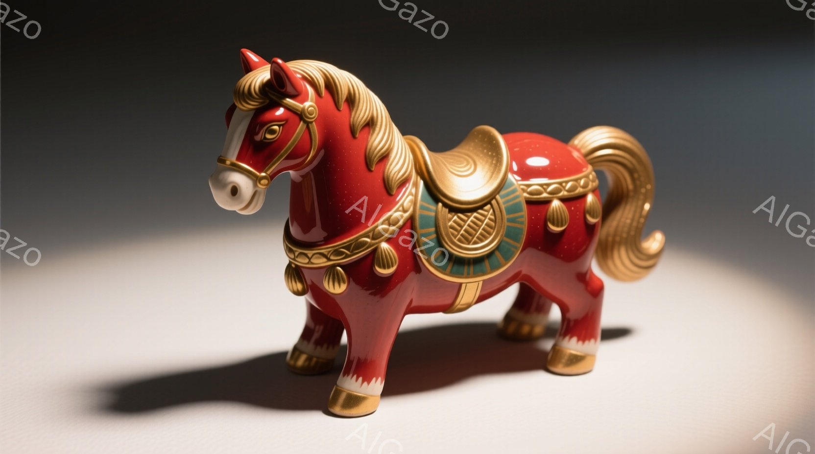 明るい赤色の陶器製の馬が、光沢のある金色の装飾を身に着けて立っています。金色の鞍と鐙、そして首と脚の周りの装飾が目を引き、力強く誇らしい姿勢を示しています。背景は淡い色合いで、馬の鮮やかな色彩と、その - AI生成フリー素材