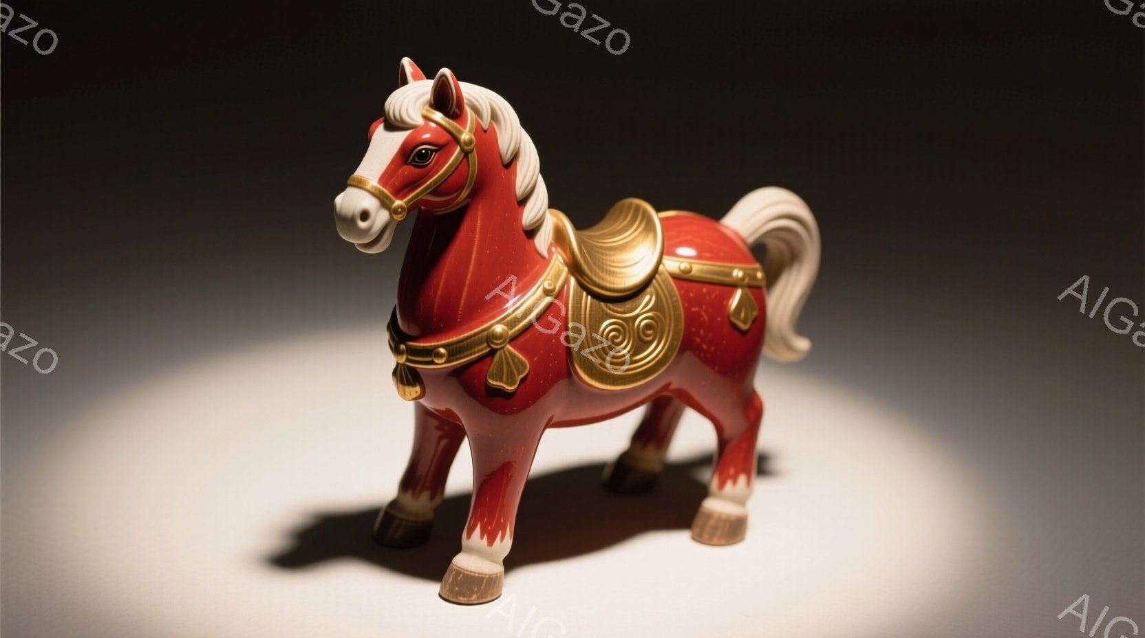 赤い陶器製の馬の置物が、白い背景にスポットライトを浴びて立っている。金色の鞍と装飾が施され、足元には金色の蹄鉄が光る。全体的に古風で優雅な雰囲気が漂い、まるで昔の物語に出てくるキャラクターのようだ。