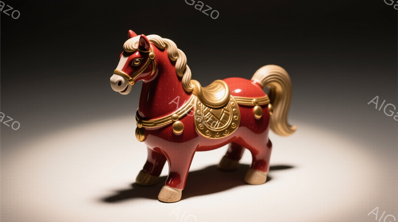 赤色の陶器製の馬のおもちゃが写っています。金色の鞍と飾り立てが施され、優雅な印象を与えます。背景は白く、光が当たっているため、馬のおもちゃが際立っています。