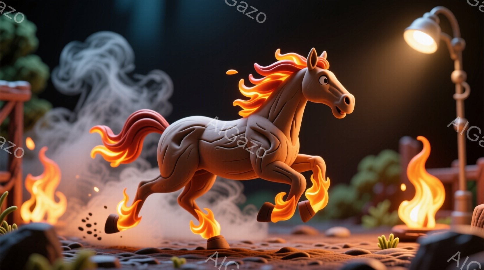 粘土のような質感の馬が、燃え盛る炎をたてて疾走している様子が描かれています。背景には、岩、植物、そして暖色系の光を放つランプがあり、全体的に幻想的で夜の雰囲気を感じさせます。馬の動きと炎の効果が、力強 - AI生成フリー素材