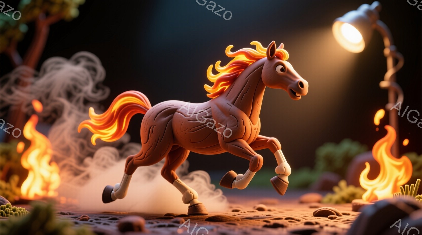 滑らかな質感のオレンジ色の馬が、激しく疾走している様子が描かれています。燃え盛る炎と煙が馬の周りを包み込み、ダイナミックな動きを強調しています。背景には、岩や植物が見え、照明が当たっている独特な雰囲気 - AI生成フリー素材