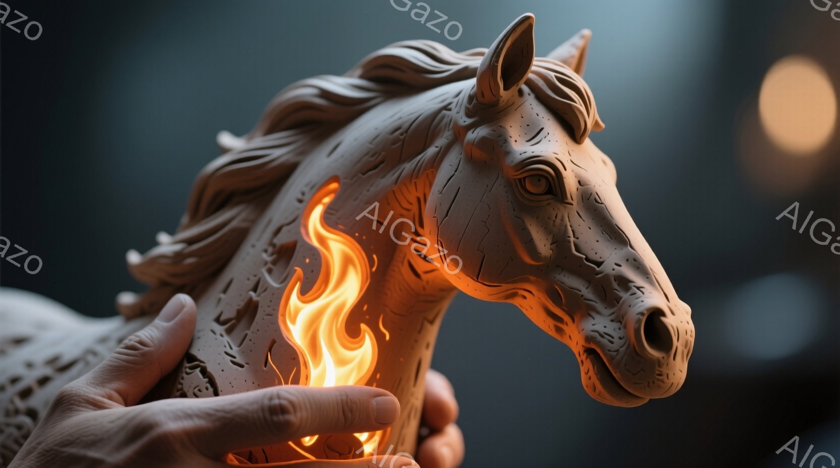 彫刻のような馬の頭部が、まるで生きているかのように表現されている。馬の首元から燃え盛る炎が立ち上り、そのコントラストが印象的だ。背景は暗く、焦点が馬の頭部に絞られているため、神秘的で力強い雰囲気を醸し - AI生成フリー素材