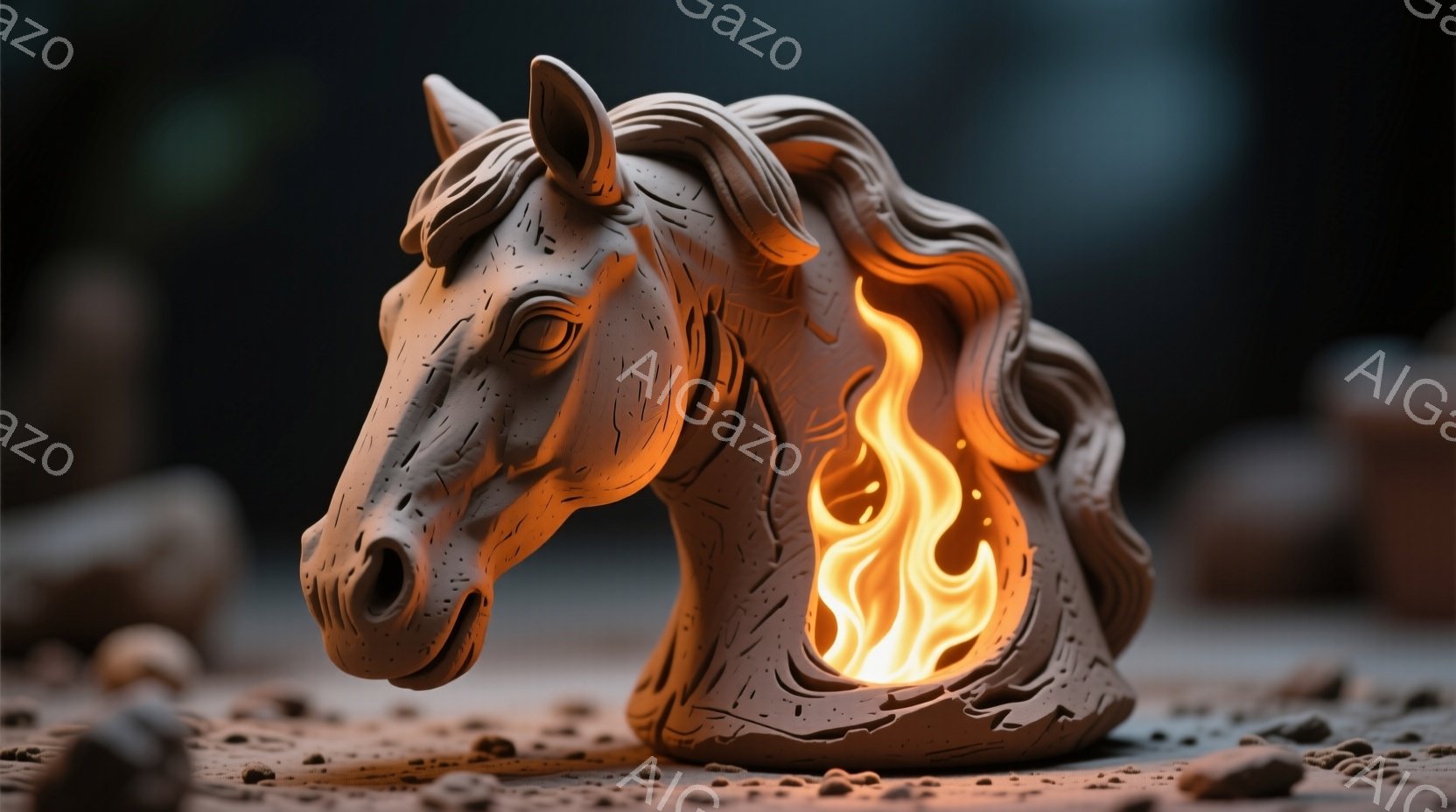 粘土のような質感の馬の頭部が描かれており、内部から炎が燃え盛っている様子が印象的です。馬の彫刻は細かい毛並みまで表現されており、立体感があります。背景は土や砂利で覆われた地面で、全体的に暖かく、神秘的な雰囲気を醸し出しています。