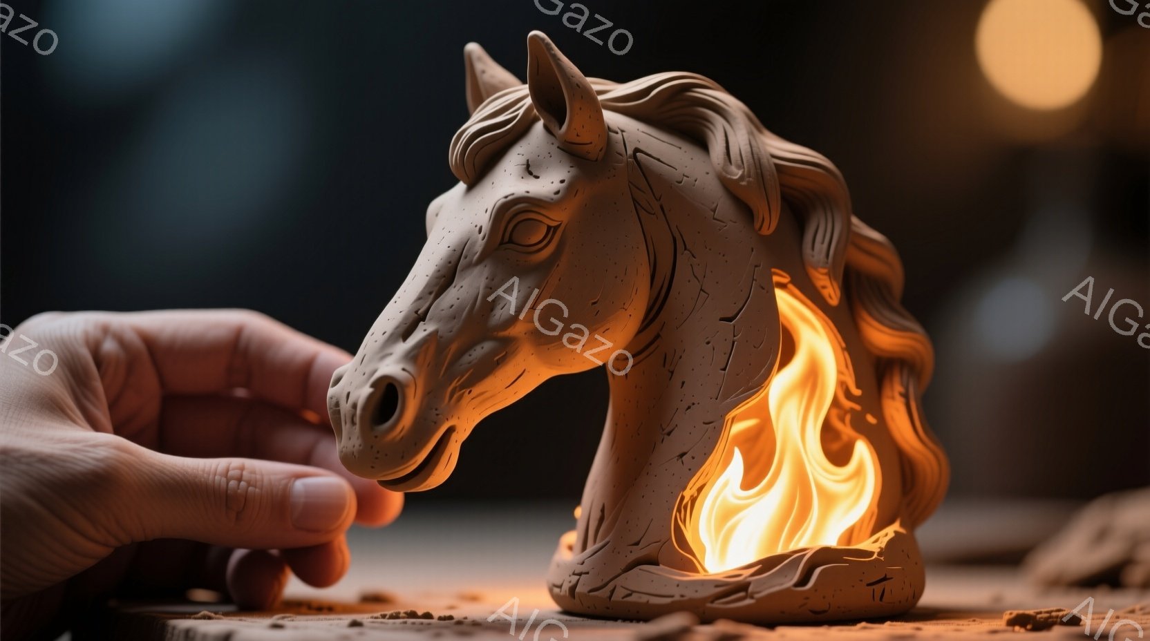 彫刻のような馬の頭部が、燃え盛る炎の中に設置された様子が写っている。馬の頭部は土のような素材で出来ており、粗い質感とひび割れた表面が特徴的だ。背景は暗く、テーブル上に置かれた馬の頭部と炎が際立っている。