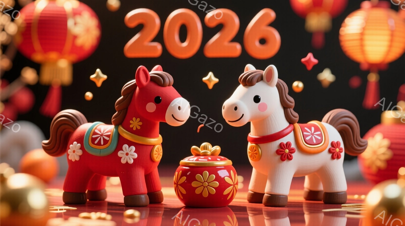 赤い馬と白い馬の置物が、赤い台座の上に並んで立っている様子を描いています。馬たちはそれぞれ、花柄の装飾が施された可愛らしい衣装を着ており、明るい笑顔を浮かべています。背景には「2026」の文字と、提灯やキラキラした装飾が散りばめられ、お祝いの雰囲気を醸し出しています。