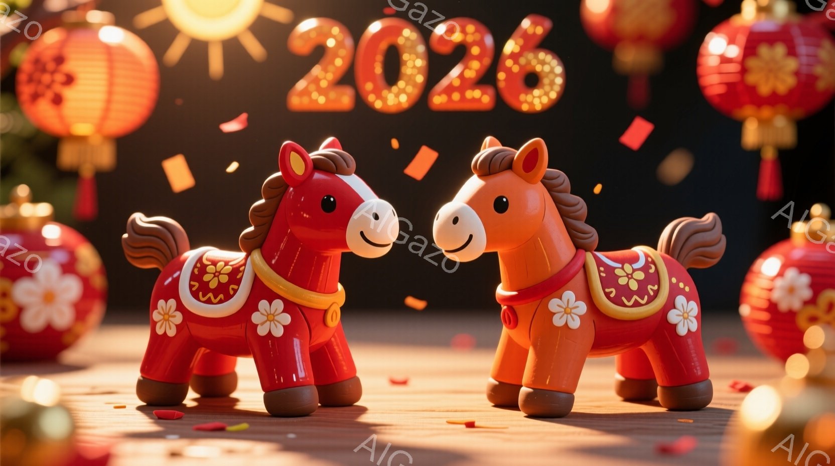 明るい赤色の可愛らしい馬のおもちゃが2匹、互いに並んで立っています。馬たちは赤い装飾が施された白い胴体と茶色のたてがみ、尾を持っており、それぞれ首に赤いリボンを付けています。背景には赤い提灯と金色の「2026」の文字が輝き、お祝いの雰囲気を醸し出しています。