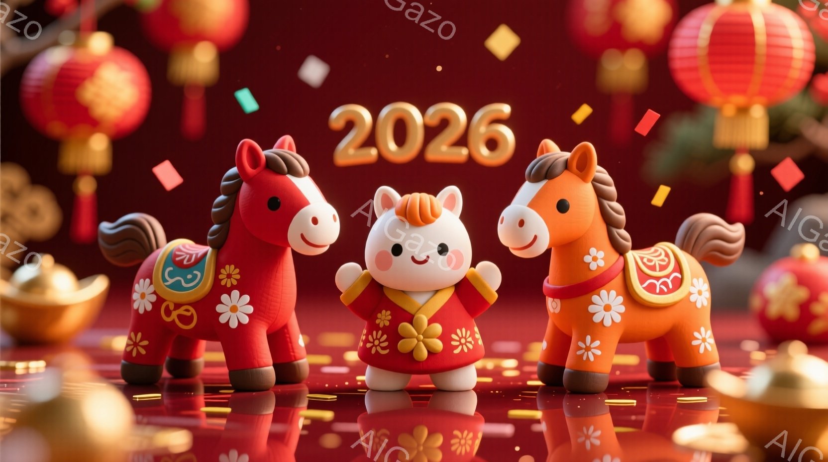 赤い背景に配置された可愛らしい陶器製の馬が3頭描かれています。中央の馬は黄色い衣装を着ており、他の2頭は花柄の装飾が施されています。全体的に明るく華やかな雰囲気で、まるで中国の旧正月を祝うような、お祝いのムードが漂っています。