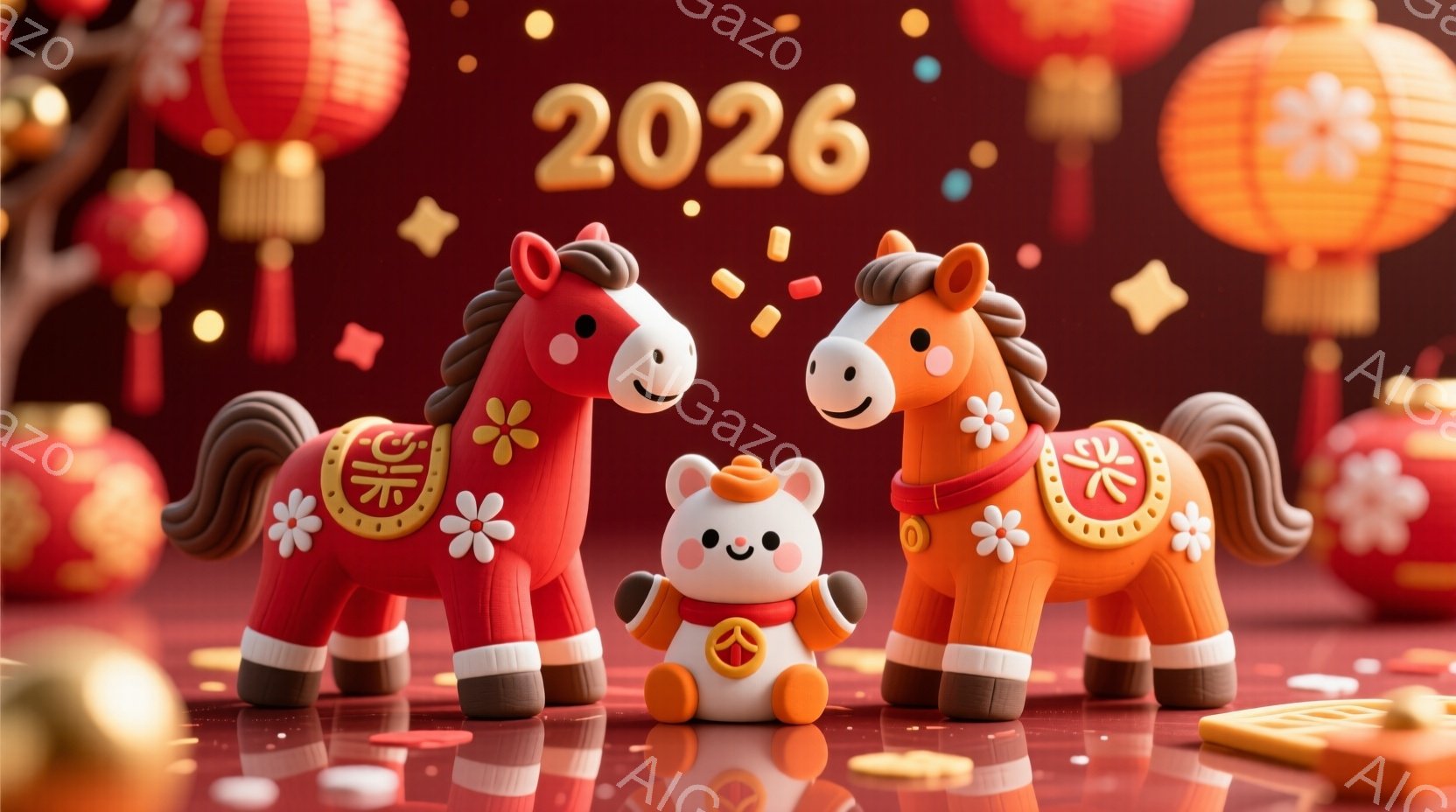 赤い背景に、可愛らしい動物たちが配置されたイラストレーションです。中央には、赤い服を着た小さな白い動物が立っており、その両脇には、同じ赤い服を着たオレンジ色の馬が立っています。背景には、提灯と「2026」という数字が浮かび、全体的に新年の祝賀ムードが漂っています。