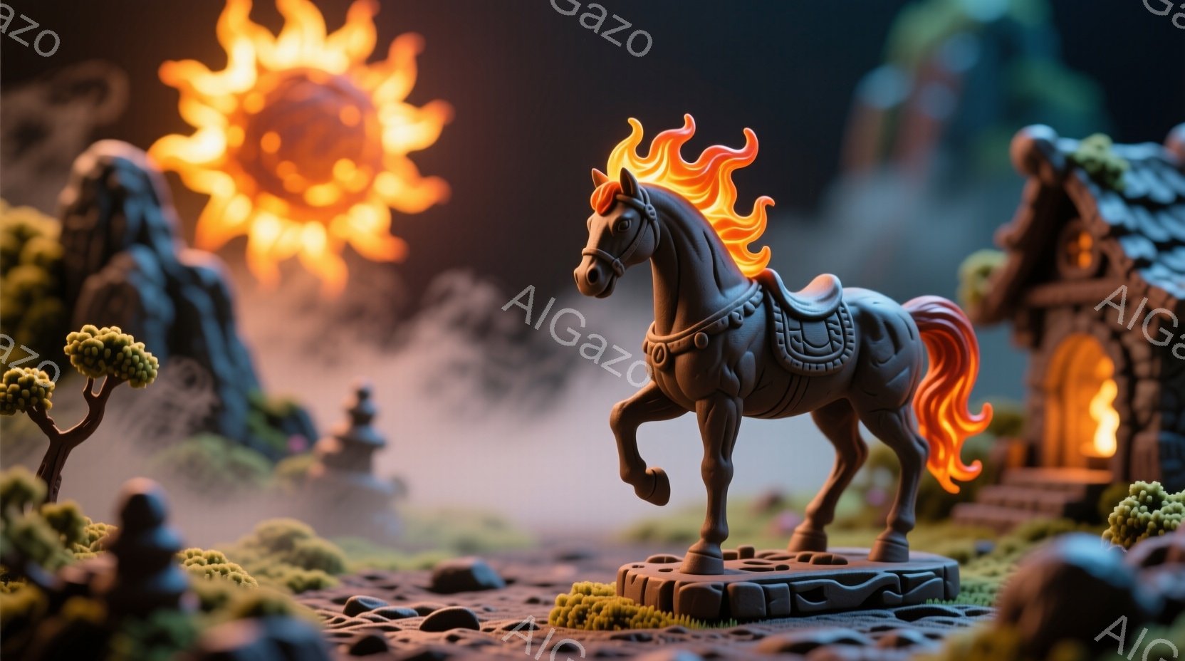 燃え盛るような鬣と尾を持つ、躍動感のある馬のフィギュアを描いています。馬は、細部まで丁寧に彫刻された鞍を背負い、力強く踏み出す姿はまるで生きているかのようです。背景には、緑豊かな丘、苔むした岩、そして炎を灯した小屋があり、幻想的で神秘的な雰囲気を醸し出しています。