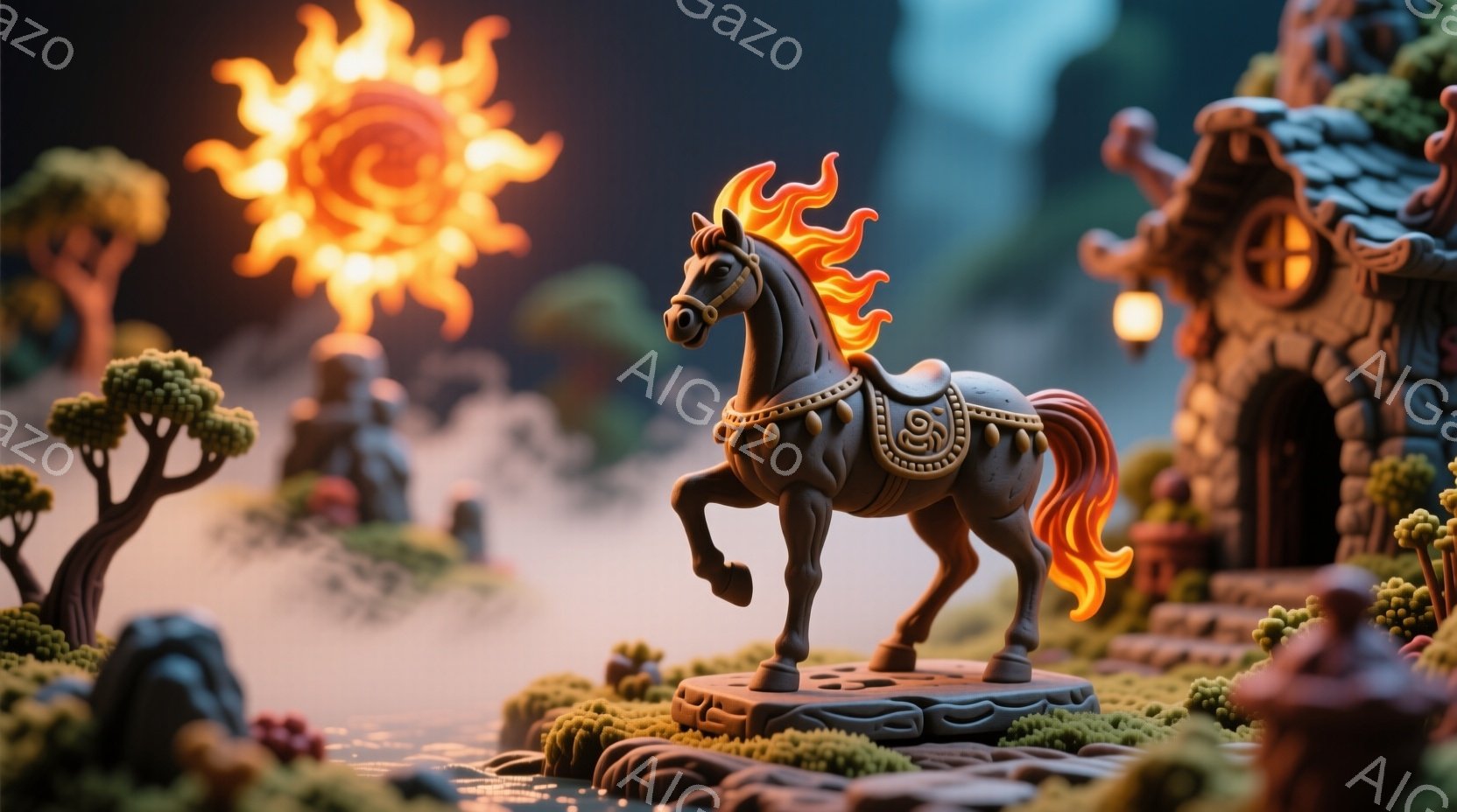 濃い灰色の馬が、丸い台座の上に立ち、前足を高く上げて躍動感あふれる姿を見せています。背景には、霧に包まれた緑豊かな風景が広がり、奇妙な形の建物や木々が点在しています。空には燃え盛る炎のような光が輝き、ファンタジー的な雰囲気を醸し出しています。