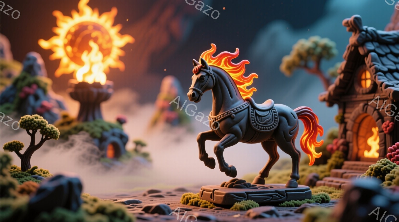 灰色の彫像のような馬が、緑の苔に覆われた岩の台座の上で、前足を高く上げて躍動的なポーズをとっています。背景には、暖炉の火が灯る小さな家々、奇妙な形の木々、そして霧に包まれた神秘的な風景が広がっています。全体的に、ファンタジー世界のミニチュア模型のような、幻想的で少し不気味な雰囲気が漂っています。