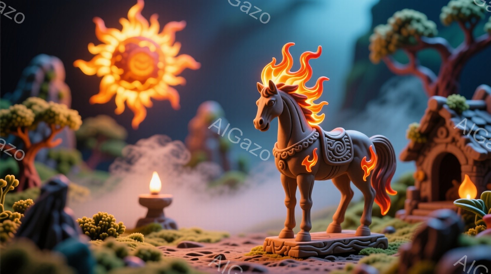 鮮やかな色彩で彩られたミニチュアのような風景の中に、炎をまとった馬の彫刻が中央に配置されている。背景には、苔むした緑豊かな植物と、ぼんやりと見える小さな石造りの建物があり、幻想的な雰囲気を醸し出してい - AI生成フリー素材