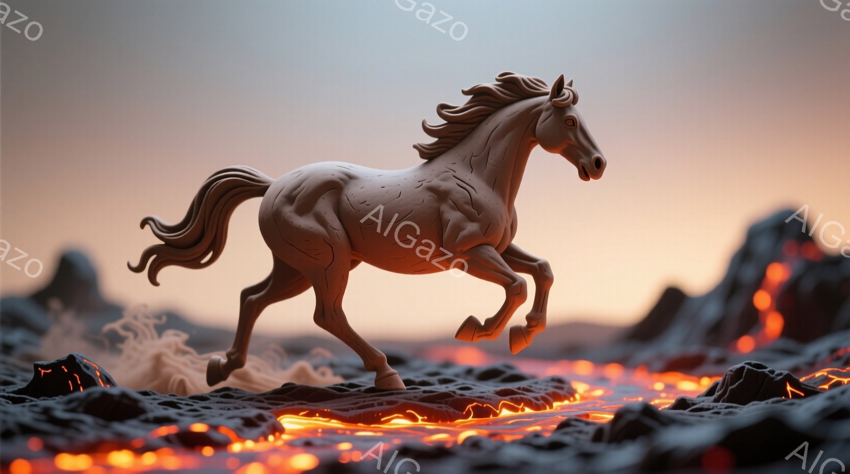白い馬が溶岩が流れる荒涼とした風景の中を疾走している。馬のたてがみと尾は風になびき、力強い筋肉と躍動感あふれる姿勢が描かれている。背景には不気味な夕焼け空と岩山がそびえ立ち、まるで終末的な世界観を表現している。