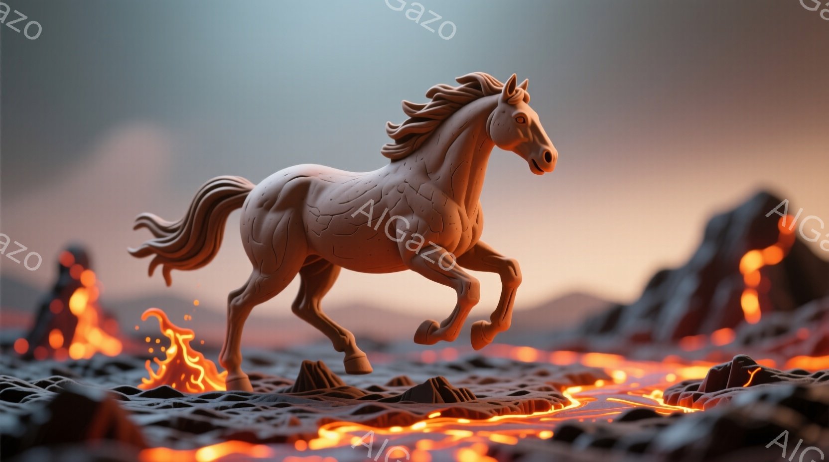 溶岩地帯を疾走する彫刻のような白い馬が描かれています。背景には、燃え盛る溶岩と、影のある岩石の山々が広がっており、空は夕焼けのようなオレンジとグレーのグラデーションになっています。馬は力強く前進し、その姿は荒涼とした風景の中で際立っています。