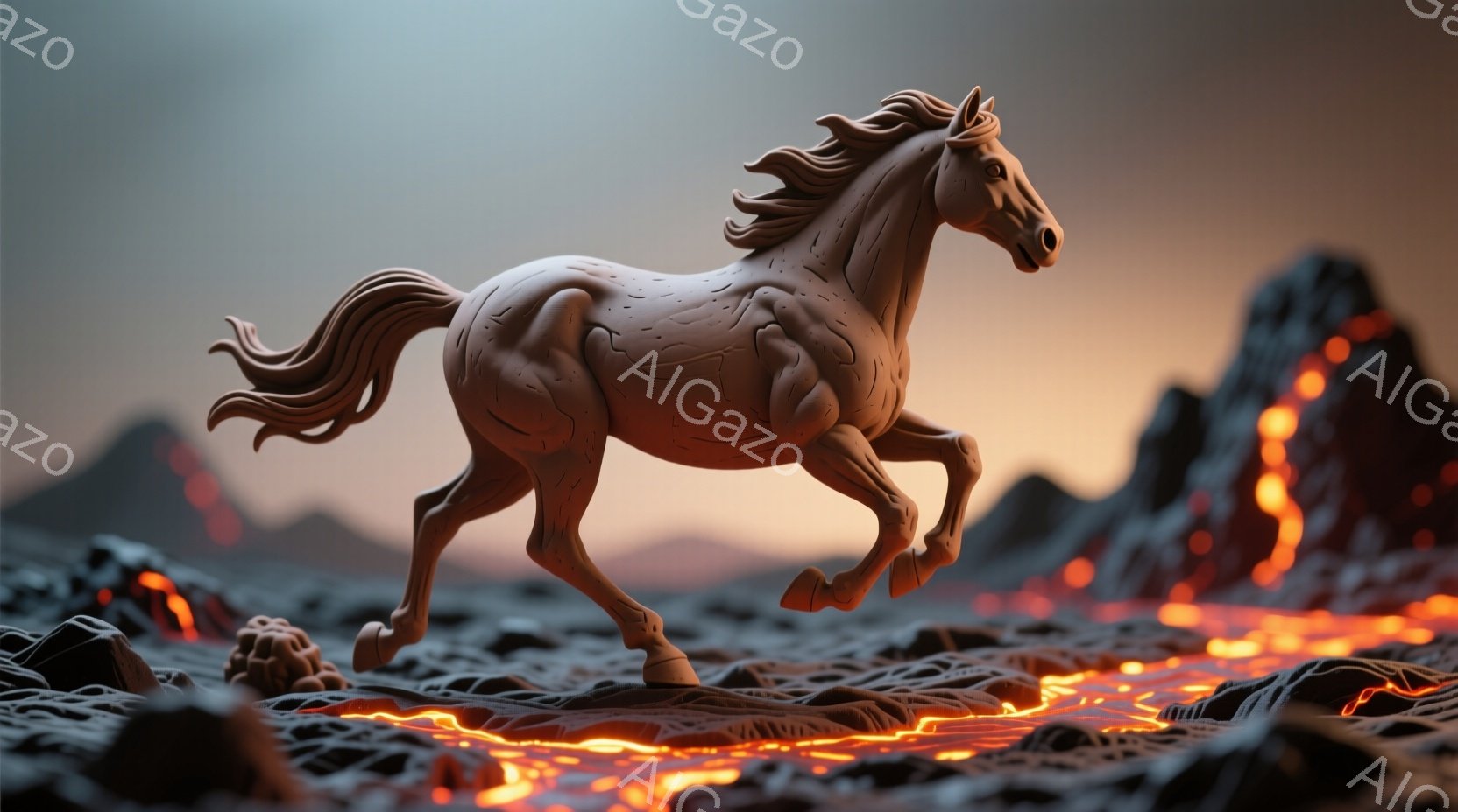 滑らかな粘土のような質感の白い馬が、荒涼とした溶岩地帯を駆けている。背景には不規則な形の黒い岩山がそびえ立ち、溶岩が赤く光っている。全体的に、力強さと荒廃が混在した、ドラマチックな雰囲気が漂っている。
