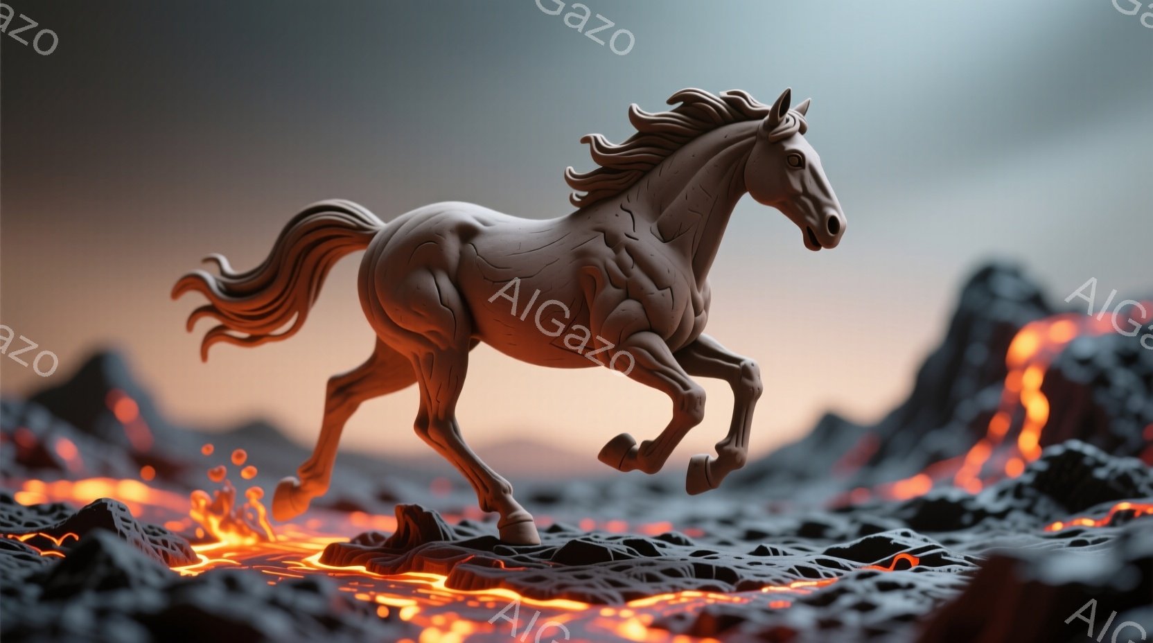 荒々しい溶岩地帯を疾走する、筋肉質な栗色の馬が描かれている。馬は鬣をなびかせ、力強く前進する姿勢は、まるで炎の地獄を駆け抜けるかのようだ。背景には険しい山々がそびえ立ち、溶岩の赤と暗い岩肌のコントラストが、激しく危険な雰囲気を醸し出している。