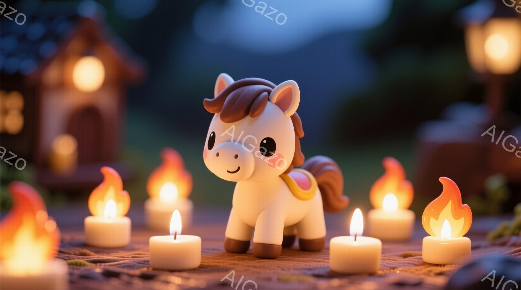 クリーム色の可愛らしい子馬が、茶色のたてがみと尻尾で、穏やかな表情で立っています。周囲には多くの白いロウソクが灯っており、背景には小さな建物と木々が見え、暖かく幻想的な雰囲気を醸し出しています。 全体的に、夜の静かな森の中での儀式のような、または特別な瞬間を描写しているようです。