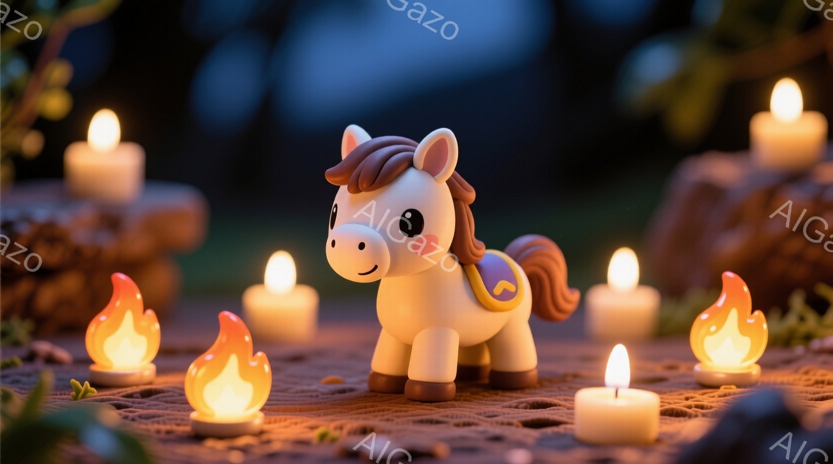 小さなクリーム色の馬のおもちゃが、たくさんの光るキャンドルの輪の中に立っている。馬はピンク色のたてがみと、片側に結ばれたたてがみを持つ。背景は暗く、キャンドルの光が輪郭をぼかした植物や石で構成されており、幻想的で静かな雰囲気を醸し出している。
