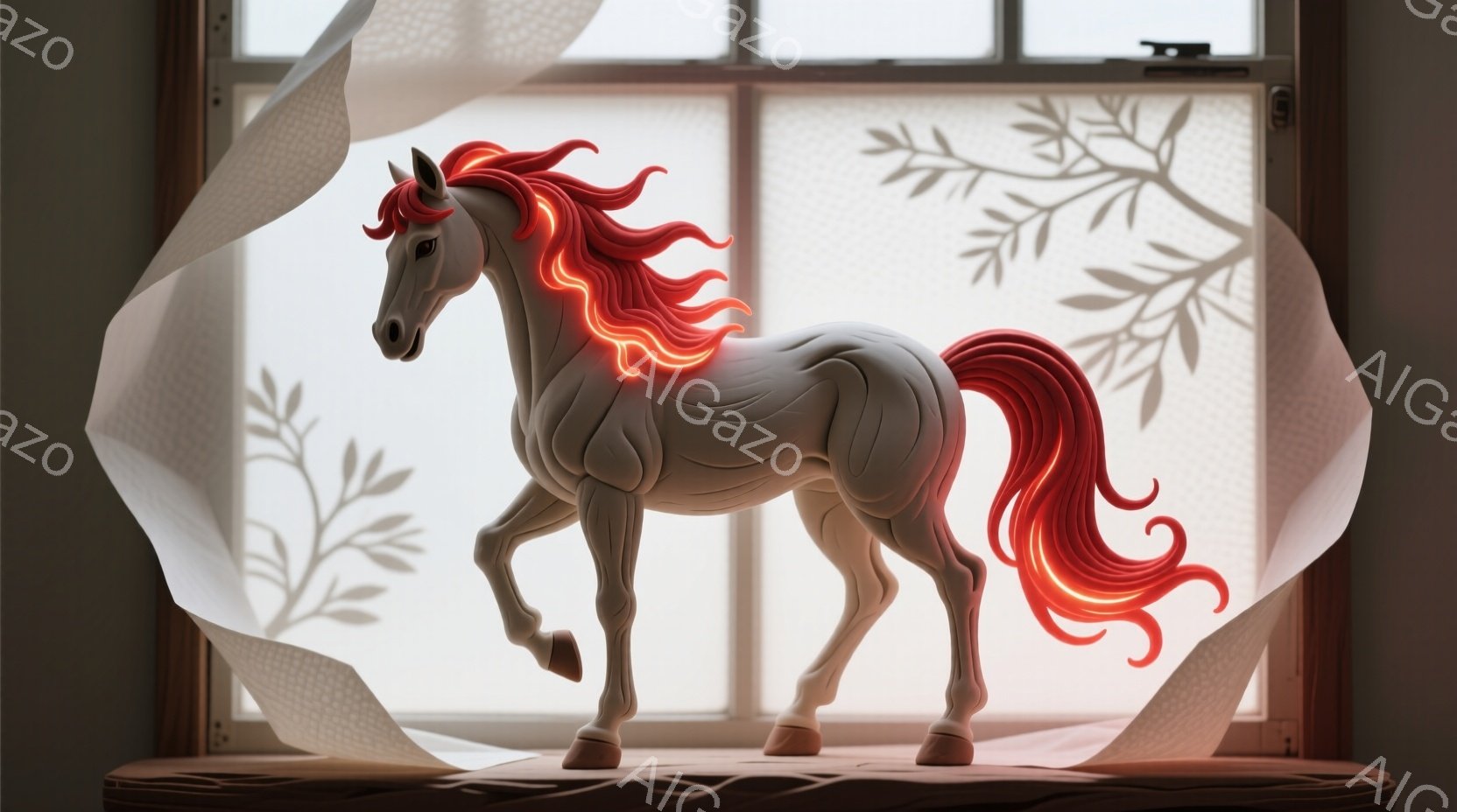 白い馬が、燃えるような赤色のたてがみと尾を広げ、力強く立つ姿が印象的だ。馬は筋肉質で、滑らかな毛並みを持つが、どこかおもちゃのような質感もある。背景には曇りガラスの窓と、剥がれかかった紙があり、光が差し込み、幻想的な雰囲気を醸し出している。