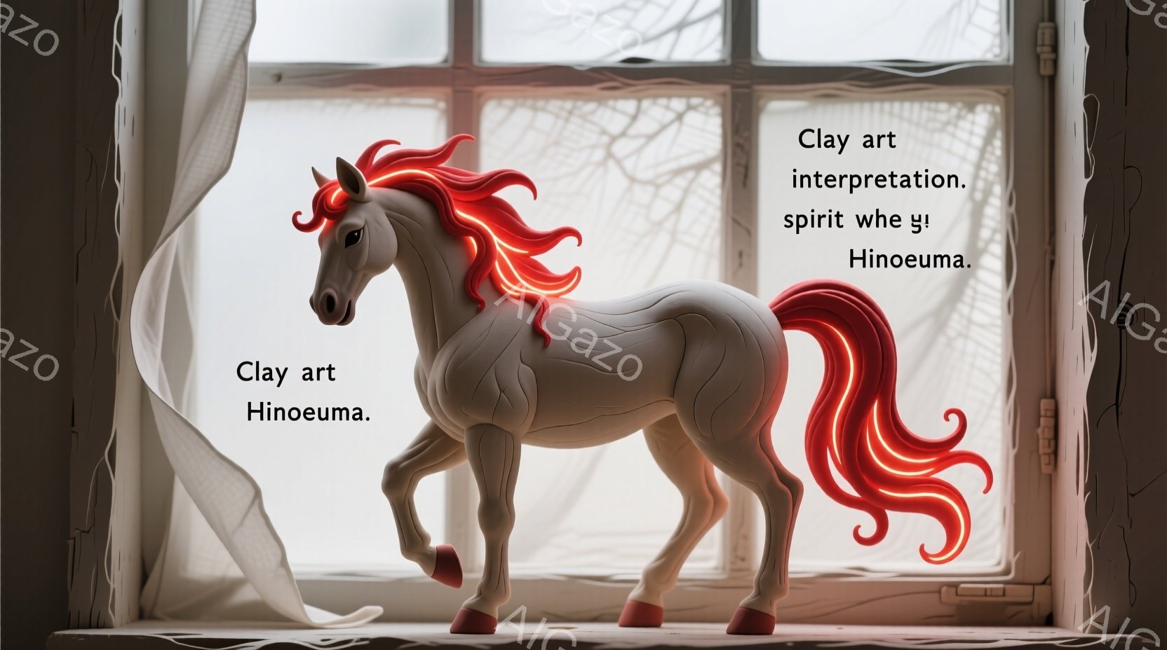 灰色の背景の窓枠に、赤と黒の模様が特徴的な粘土で作られた馬が立っている。その姿勢は力強く、まるで動き出そうな躍動感があり、赤い鬣が風になびいているように見える。窓の外には白っぽいカーテンが光を取り込み、馬のシルエットを際立たせている。