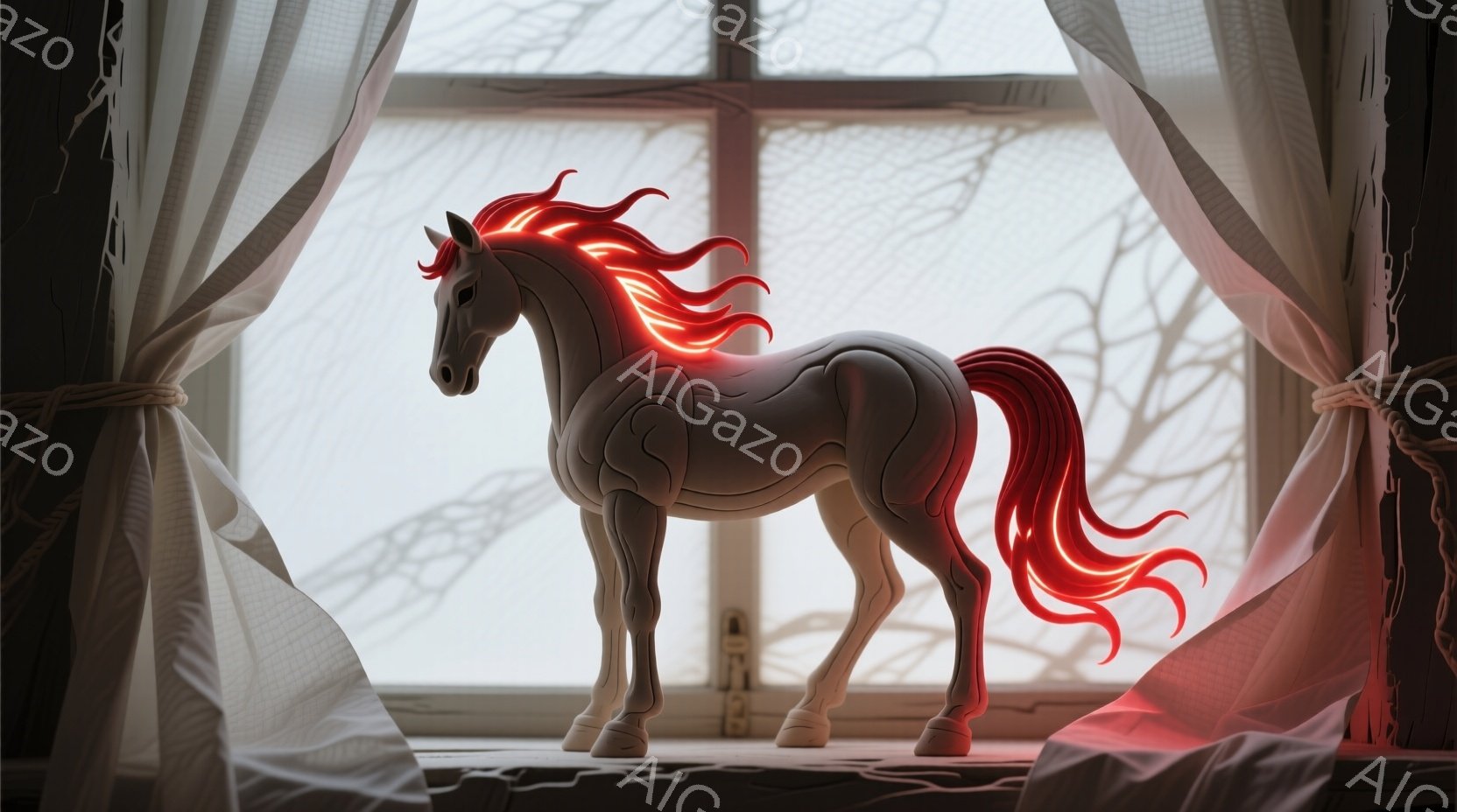 白い彫刻のような馬が、薄暗い部屋の窓辺に立っている。そのたてがみと尾は鮮やかな赤色に光り、まるで炎のようである。背景にはぼやけた木々が見え、全体的に神秘的で幻想的な雰囲気を醸し出している。