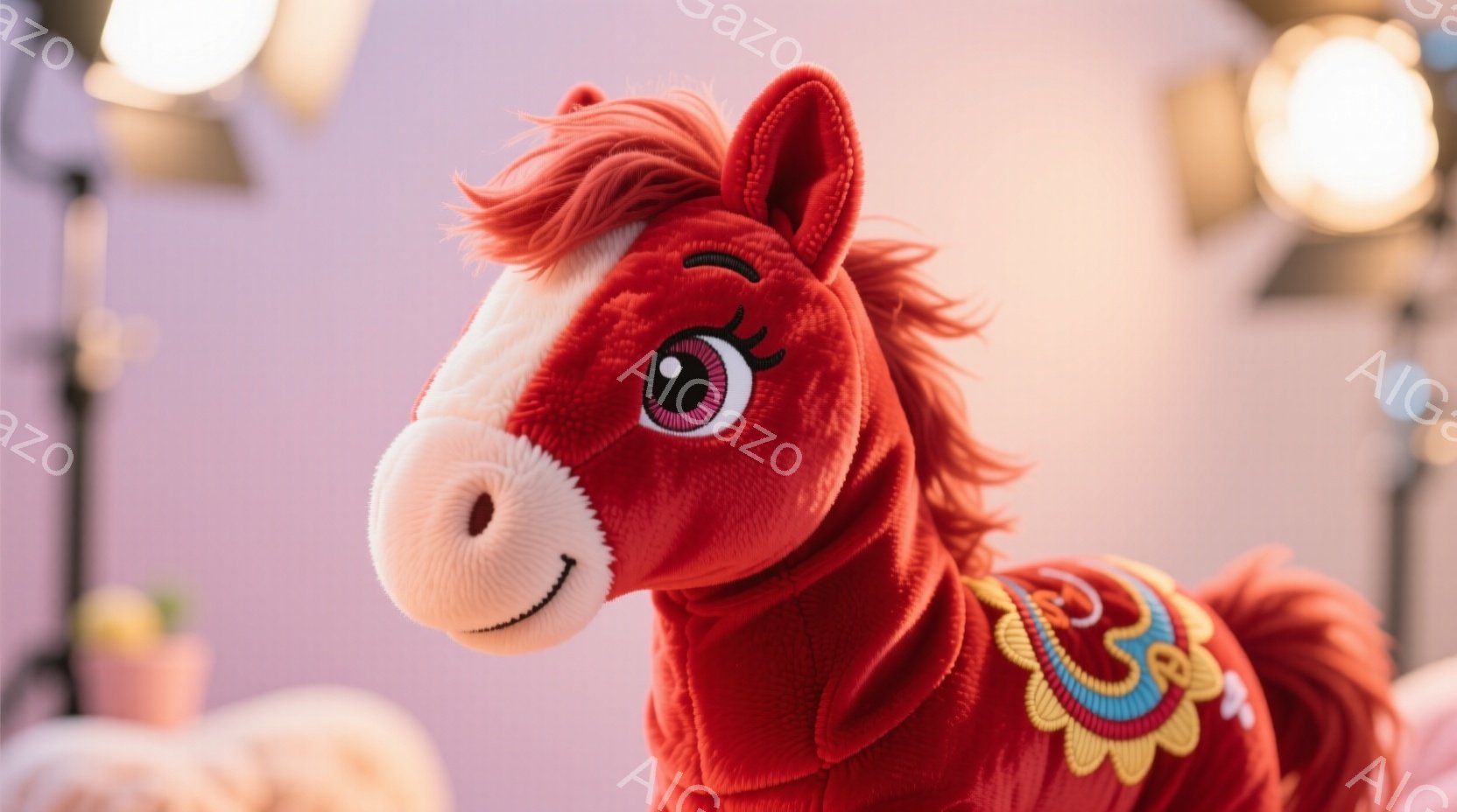 明るい赤色の毛並みを持つ、可愛らしいおもちゃの馬が写っています。馬は正面を向き、優しい微笑みを浮かべ、大きな瞳が印象的です。背景は柔らかいピンク色で、控えめな照明が暖かさを添えています。 - AI生成フリー素材