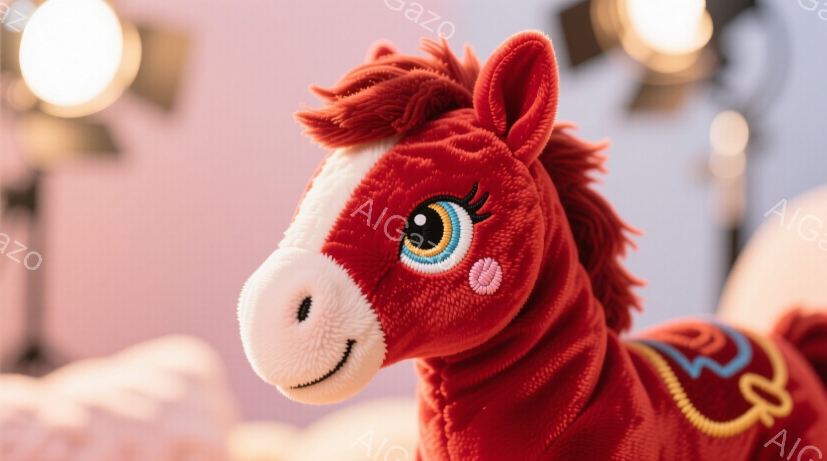 赤い毛並みを持つぬいぐるみのおもちゃが写っています。白い顔と、大きな青と緑の目、そしてピンクのハートマークが特徴的です。背景はぼやけており、ピンクとオレンジのグラデーションで、柔らかく温かい雰囲気を醸 - AI生成フリー素材