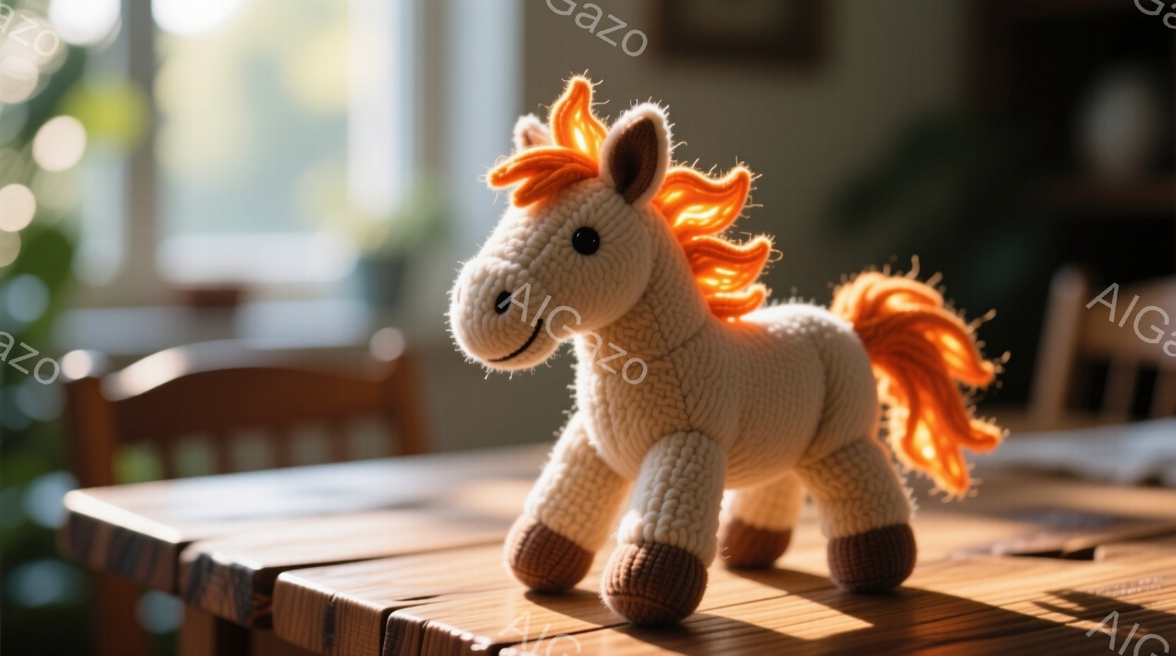 あたたかな日差しが差し込む木製のテーブルの上に、編みぐるみの馬が置かれています。クリーム色の体毛に、鮮やかなオレンジ色のたてがみと尾が特徴的で、愛らしい表情をしています。背景には、ぼやけた緑の植物と、 - AI生成フリー素材