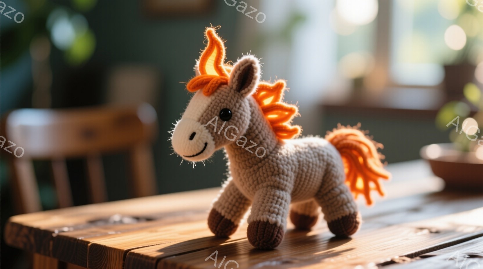 手作りの編みぐるみ馬が、木製のテーブルの上に立っている。ベージュ色の毛並みに、オレンジ色のたてがみと尾が特徴的で、愛らしい表情をしている。背景にはぼやけた室内と植物が見え、温かみのある雰囲気が漂ってい - AI生成フリー素材