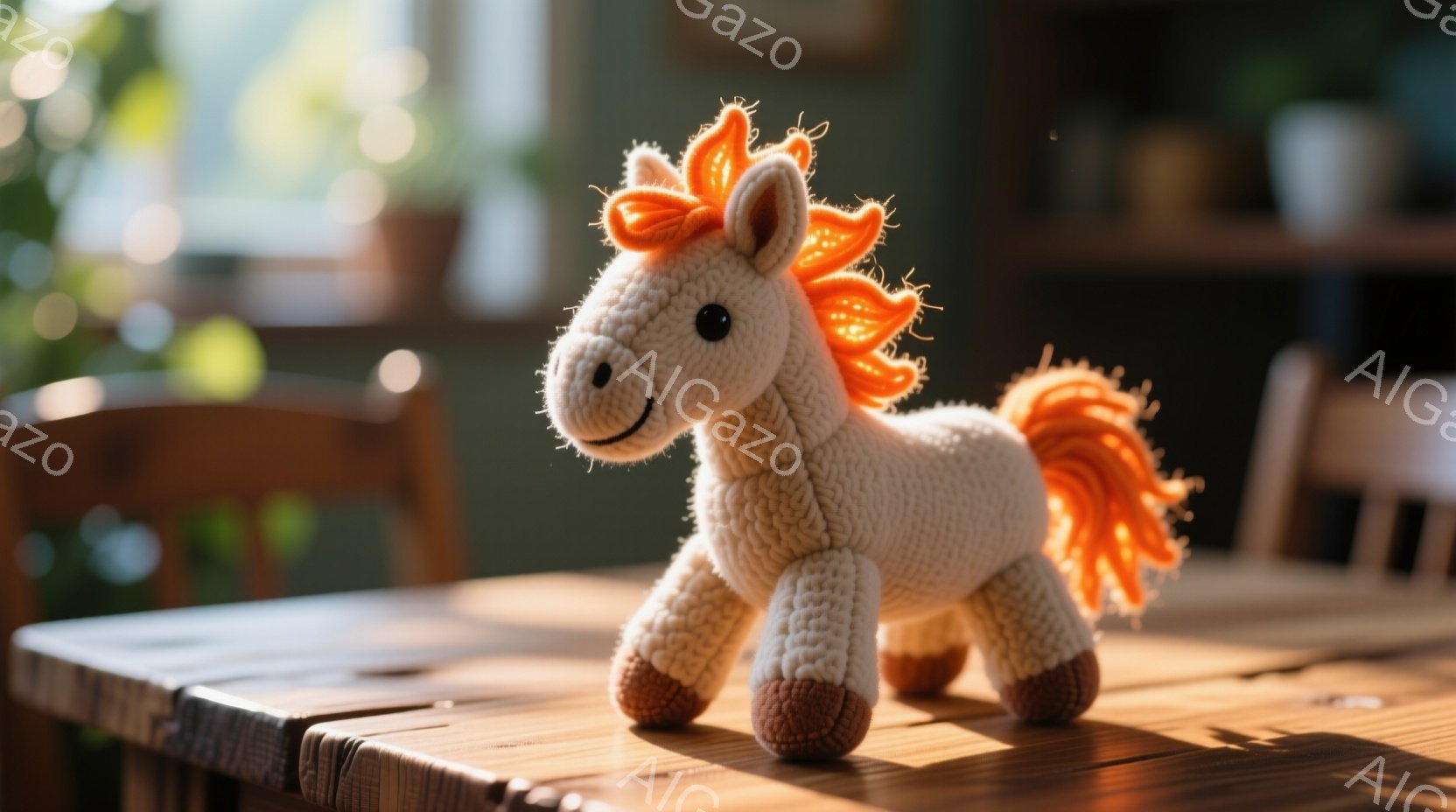 これは手編みの白い馬のぬいぐるみで、鮮やかなオレンジ色のたてがみが特徴的です。馬はテーブルの上に立っており、穏やかな表情をしています。背景はぼやけており、暖色系の木製のテーブルと植物が見え、全体的に温かく優しい雰囲気が漂っています。