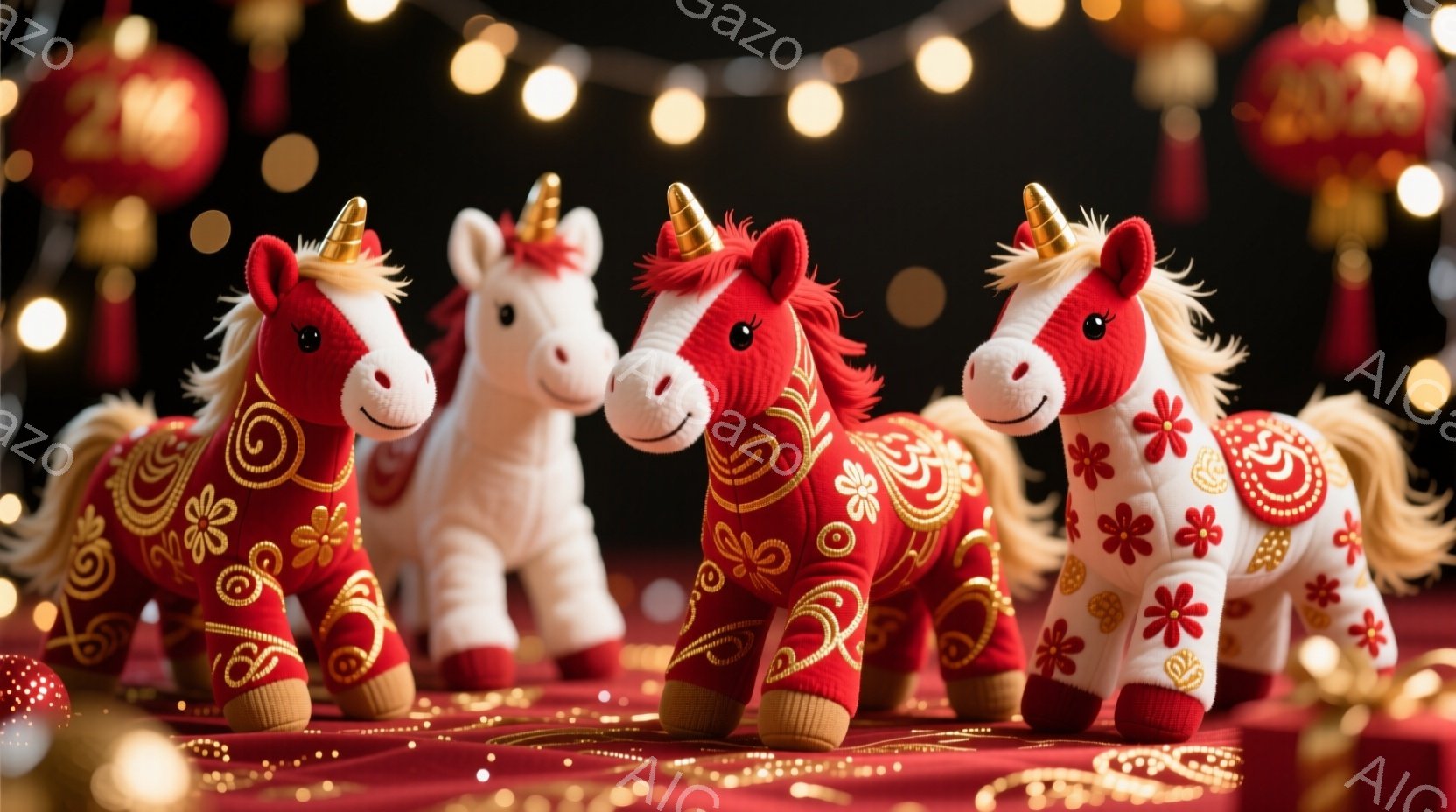 鮮やかな赤色を基調とした、装飾が施された3匹のユニコーンが並んでいます。それぞれのユニコーンは異なる模様の豪華な衣装を身につけ、誇らしげに立っています。背景には、ぼやけた光のぼんやりとした輪郭と赤いテーブルクロスがあり、お祝いの雰囲気を醸し出しています。