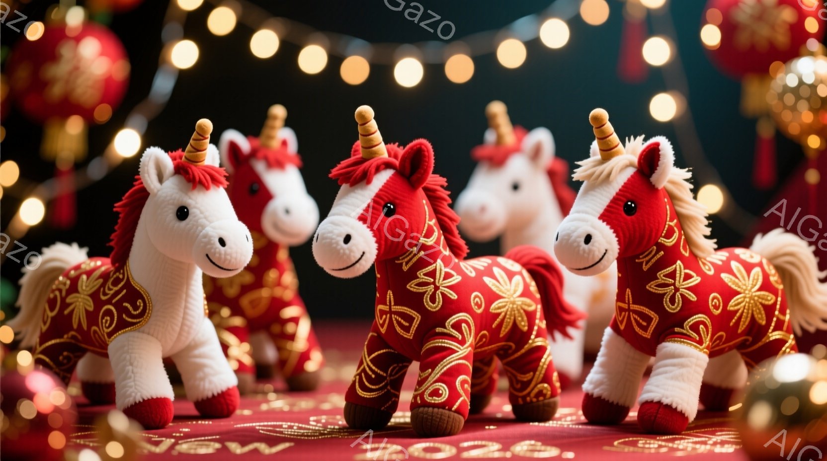 赤い模様の服を着たユニコーンのぬいぐるみたちが、赤いカーペットの上に並んでいます。彼らは皆、同じポーズで立っており、表情は穏やかで可愛らしいです。背景にはぼやけた光の装飾があり、お祝いの雰囲気を醸し出しています。