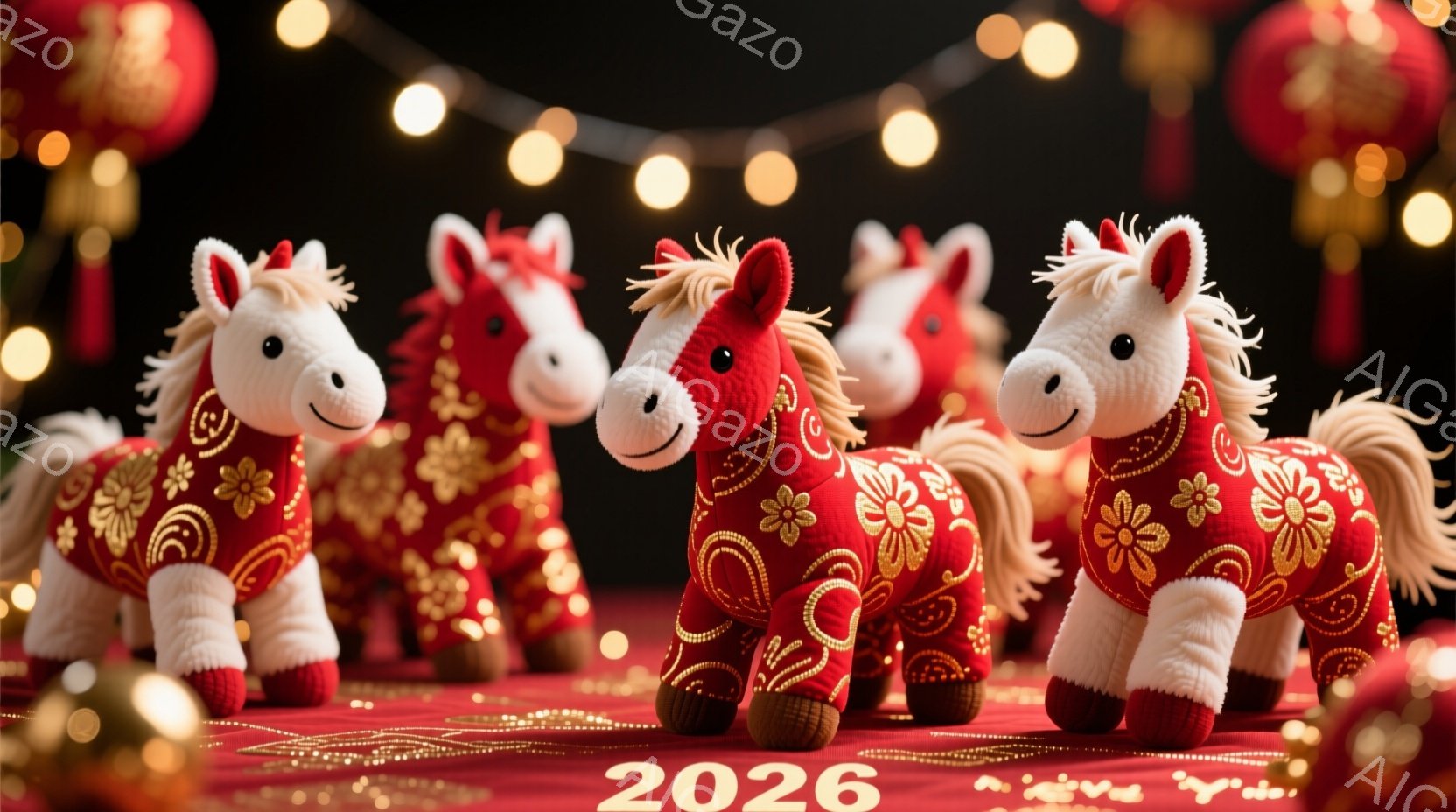 明るい赤色の背景に、可愛らしい装飾が施された馬のぬいぐるみが一列に並んでいます。馬たちは華やかな模様の衣装を身に着け、たてがみと尾はふさふさとしており、愛らしい表情をしています。背景にはぼやけた赤い装飾と光の帯があり、お祝いの雰囲気を作り出しています。