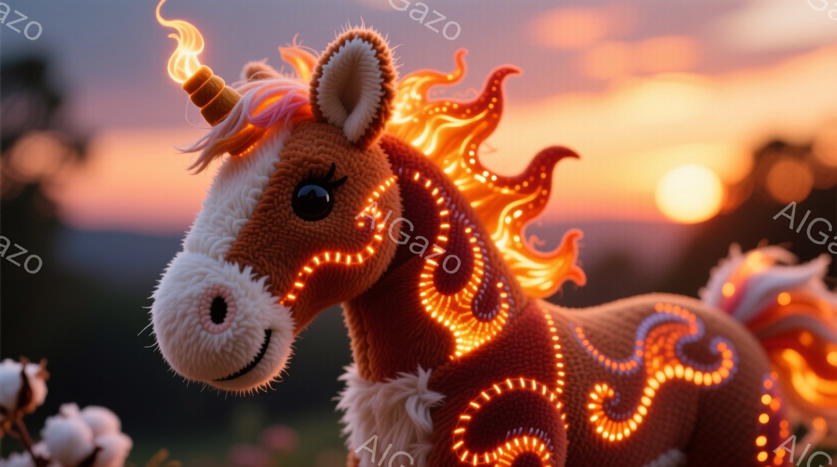鮮やかな夕焼けを背景に、手編みのユニコーンが佇んでいます。オレンジ色の毛並みに、炎のような模様が施されており、たてがみが燃え盛るようにデザインされています。その表情は穏やかで、まるで夕焼け空の一部であ - AI生成フリー素材