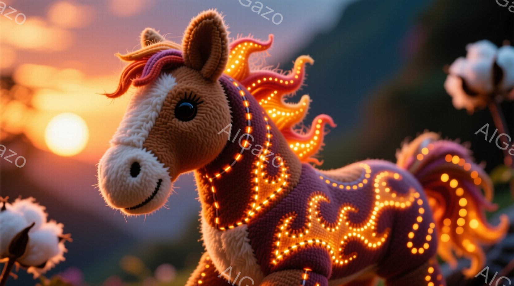 鮮やかな夕焼けを背景に、手編みの赤い馬が佇んでいます。馬の体にはオレンジ色の光が連なるように装飾され、たてがみも炎のように表現されています。周囲には白い綿のような花が咲き、温かく幻想的な雰囲気を醸し出 - AI生成フリー素材