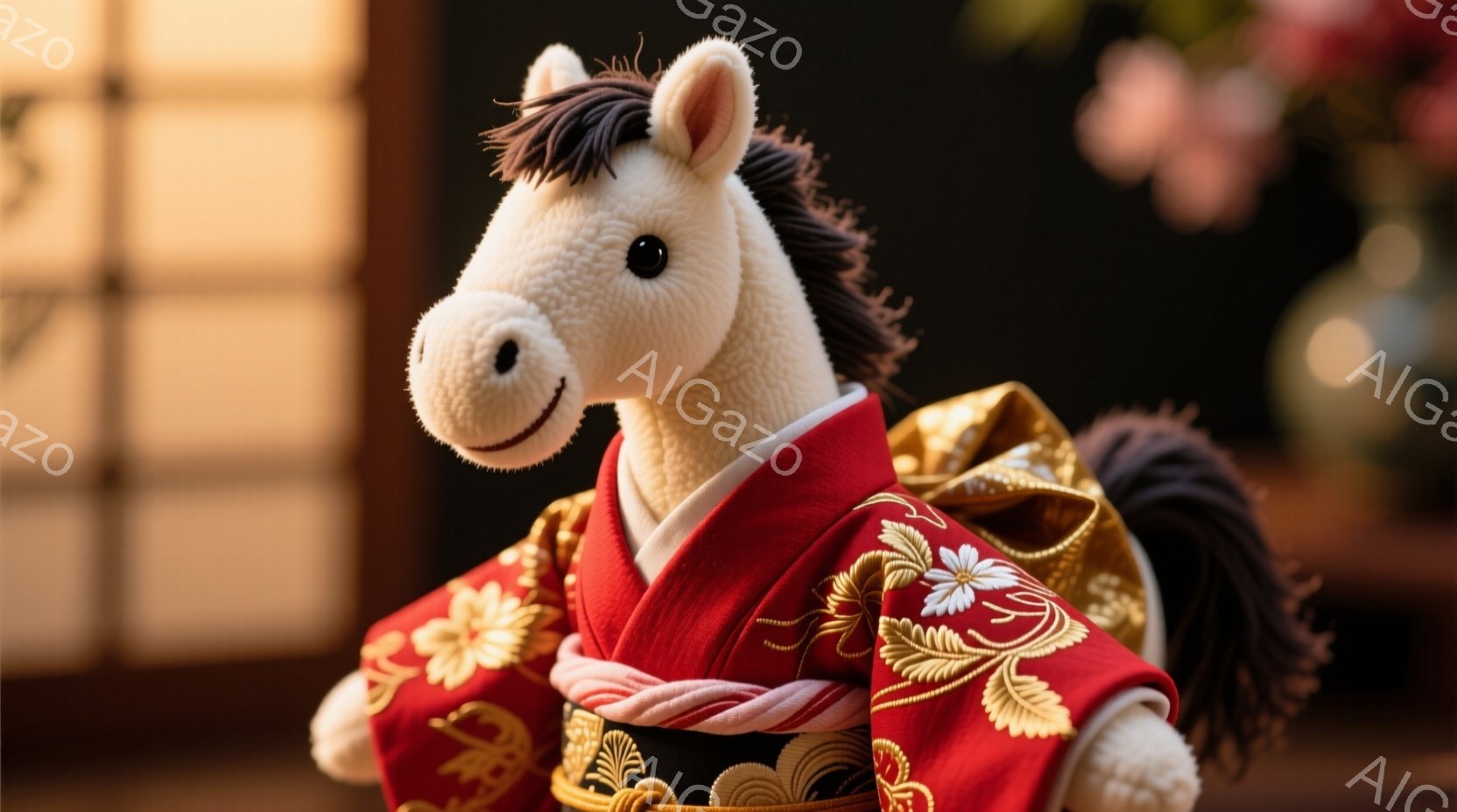 白い毛並みのぬいぐるみ馬が、鮮やかな赤い着物姿で正面を向いています。金色の刺繍が施された着物には、ピンク色の帯が結ばれており、頭部には黒い房飾りが付いています。背景にはぼやけた和室の襖や、花瓶に生けられた花がわずかに見え、温かく落ち着いた雰囲気を醸し出しています。