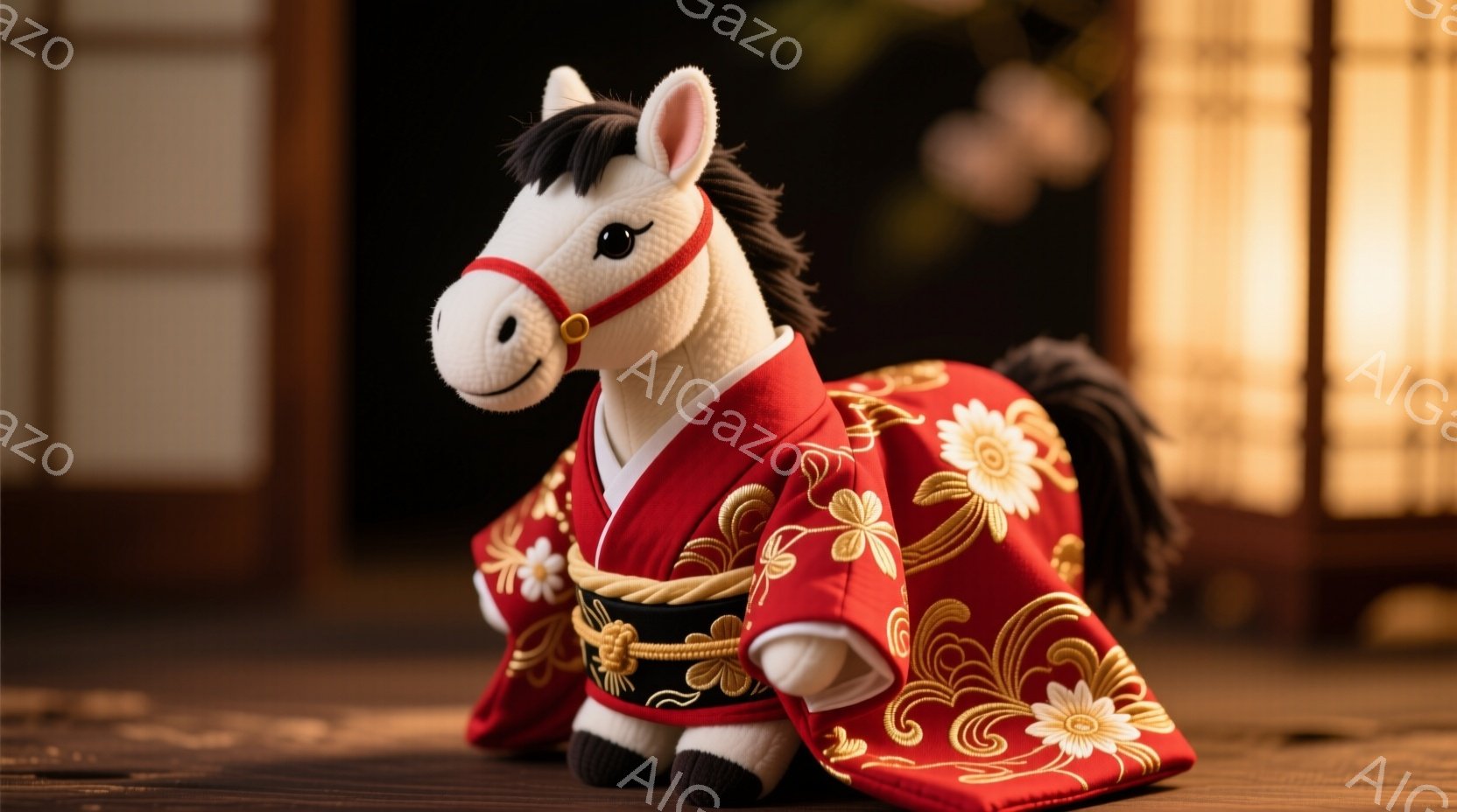 白いぬいぐるみ馬が、鮮やかな赤い着物を着て座っています。金色の刺繍が施された着物には、大きな花の模様が描かれ、首元には金色の紐が結ばれています。背景には畳と障子が見え、落ち着いた和の雰囲気を感じさせま - AI生成フリー素材