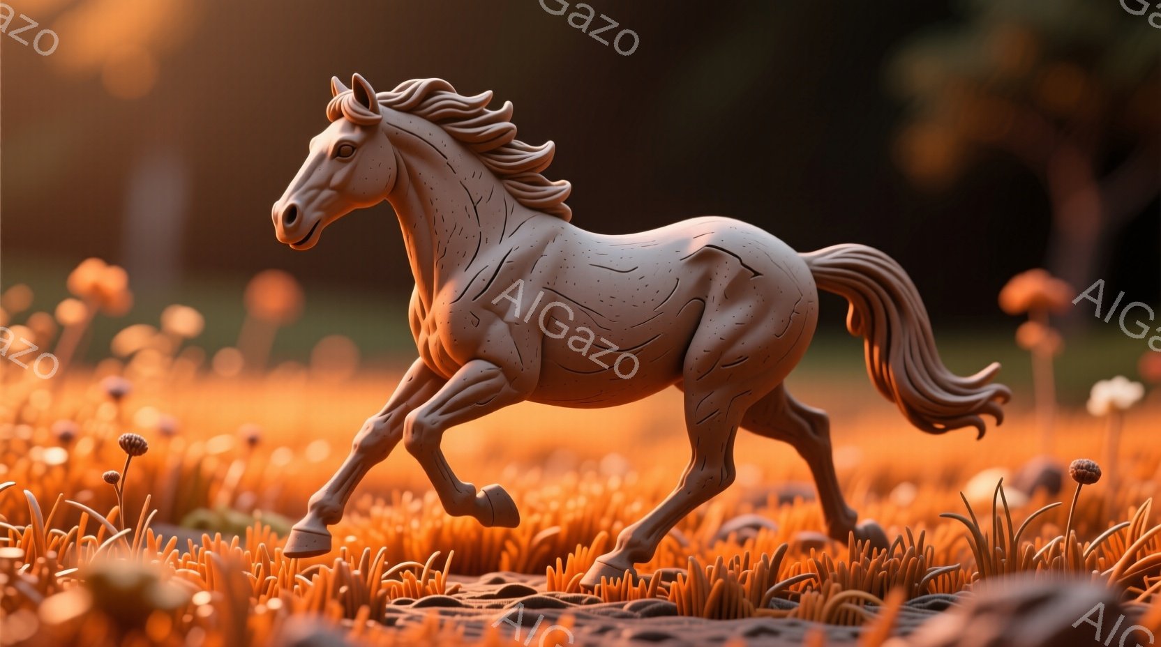 鮮やかなオレンジ色の草が生い茂る草原を、筋肉質な栗色の馬が駆けている。馬は鬣をなびかせ、力強く前進する姿は躍動感に満ちている。背景はぼかされており、夕焼けのような暖かな光が全体を包み込み、穏やかで幻想的な雰囲気を醸し出している。