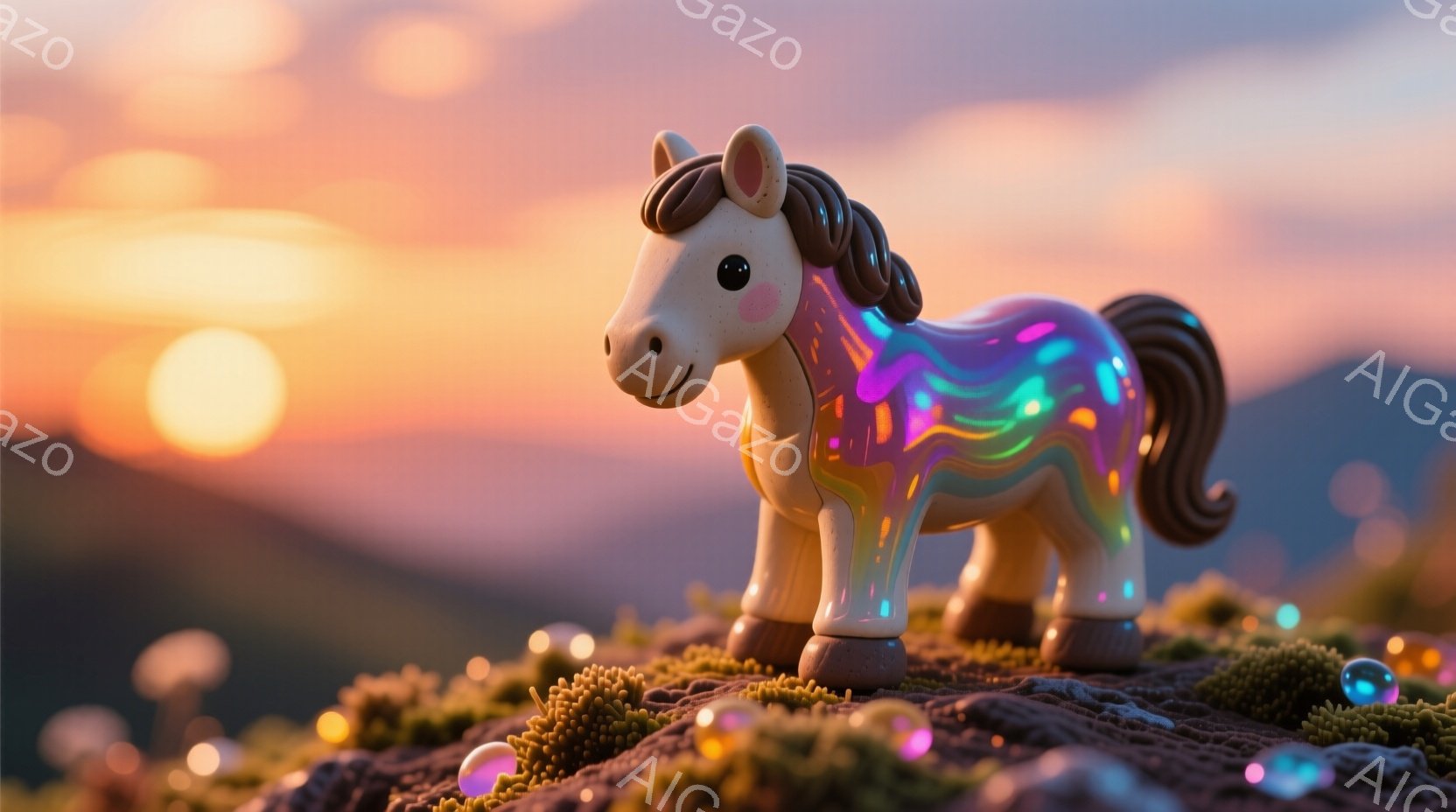 カラフルな模様のユニコーンのようなおもちゃの馬が、緑色の苔が生えた岩の上に立っている。背景にはオレンジと紫が混ざった夕焼け空が広がり、光が反射した小さな球体が地面に散らばっている。全体的に暖かく幻想的な雰囲気で、おとぎ話の世界のような情景が広がっている。