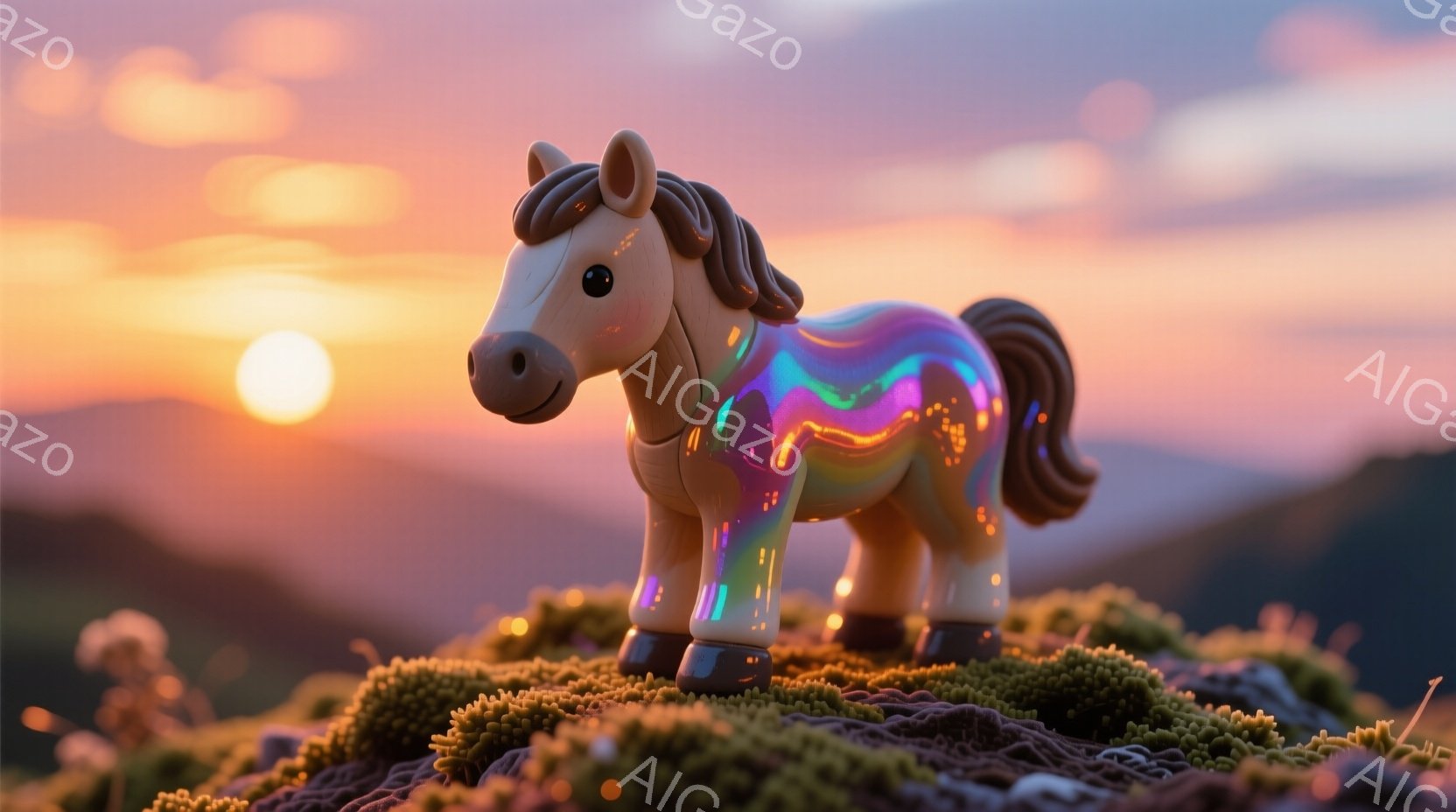 彩り豊かな虹色の体を持つおもちゃの馬が、緑色の苔むした地面の上に立っている。背景には、夕焼けに照らされた山々が広がり、オレンジと紫のグラデーションが美しい空が広がっている。全体的に温かく、幻想的な雰囲 - AI生成フリー素材