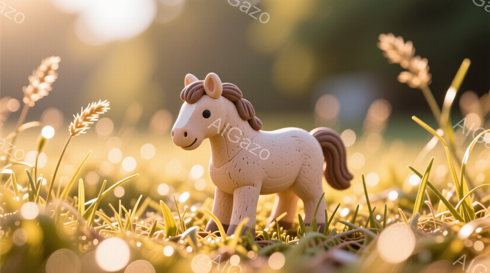 小さなクリーム色の馬のおもちゃが、緑豊かな草地の間に立っている。背景は金色に輝く夕日のようにぼやけており、草の間には光の粒子が散りばめられている。全体的に、暖かく穏やかな、夏の午後のような雰囲気が漂っ - AI生成フリー素材