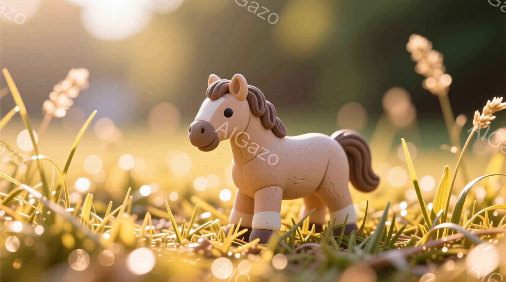 明るい黄金色の草原の中に、小さな陶器製の馬が立っている。馬はクリーム色の体に茶色のたてがみと尾を持ち、穏やかで優しい表情をしている。背景はボケており、暖かく柔らかい光が差し込み、のどかな田園風景を思わ - AI生成フリー素材