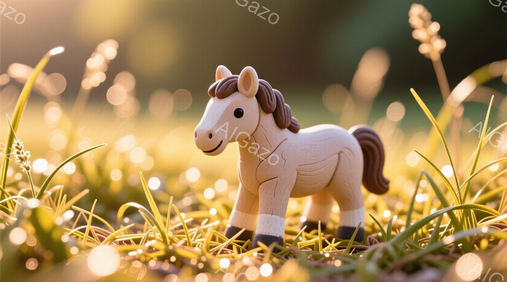 これは、草の中にいる小さな木製の馬のフィギュアです。馬は明るいベージュ色で、茶色のたてがみと黒い蹄を持っています。背景には、ぼやけた黄金色の野原と光の粒子が見られ、暖かく牧歌的な雰囲気を醸し出していま - AI生成フリー素材