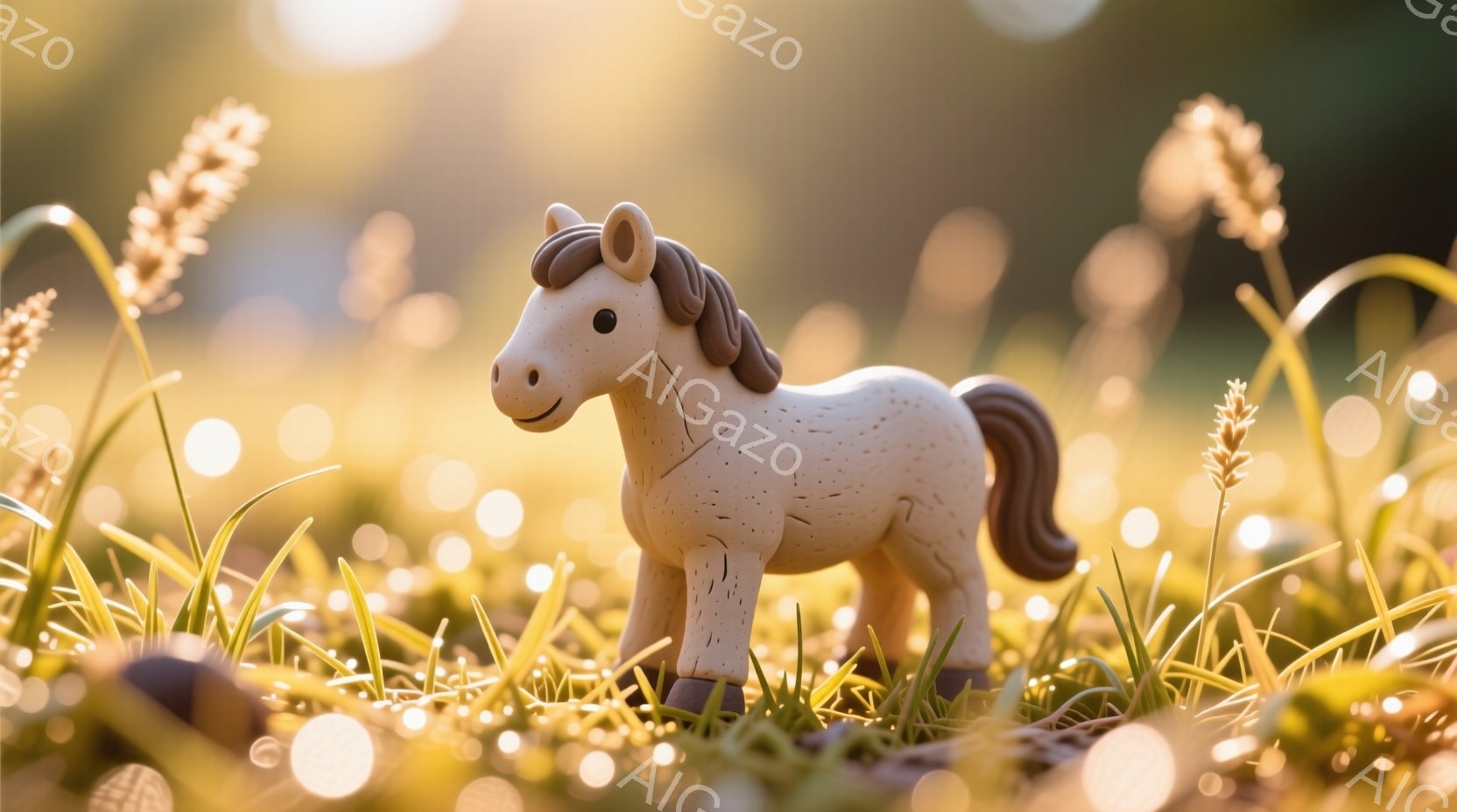 淡いクリーム色の馬の置物が、緑の草むらに立っている。その馬は穏やかな表情で、少し首を傾げた姿勢で、まるでこちらを見ているようだ。背景はぼやけた黄金色の野原で、夕日のような暖かい光が差し込み、全体的にノ - AI生成フリー素材